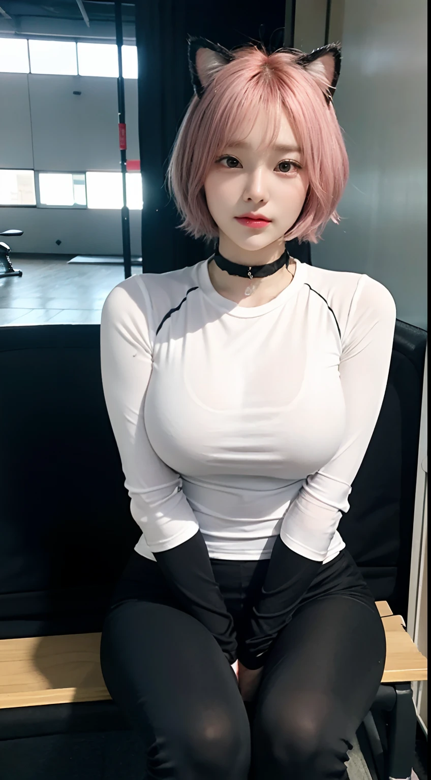 realisitic、top-quality、女の子 1 人、Cat's ears、Pink hair,Short hair,Saliva、Choker、sports gym、Tight shirt with high neck long sleeves、Long pants leggings、houseplant、profetional lighting、large boob、Black walls、Power Rack、Sit on the training bench、Focus、with spreading legs