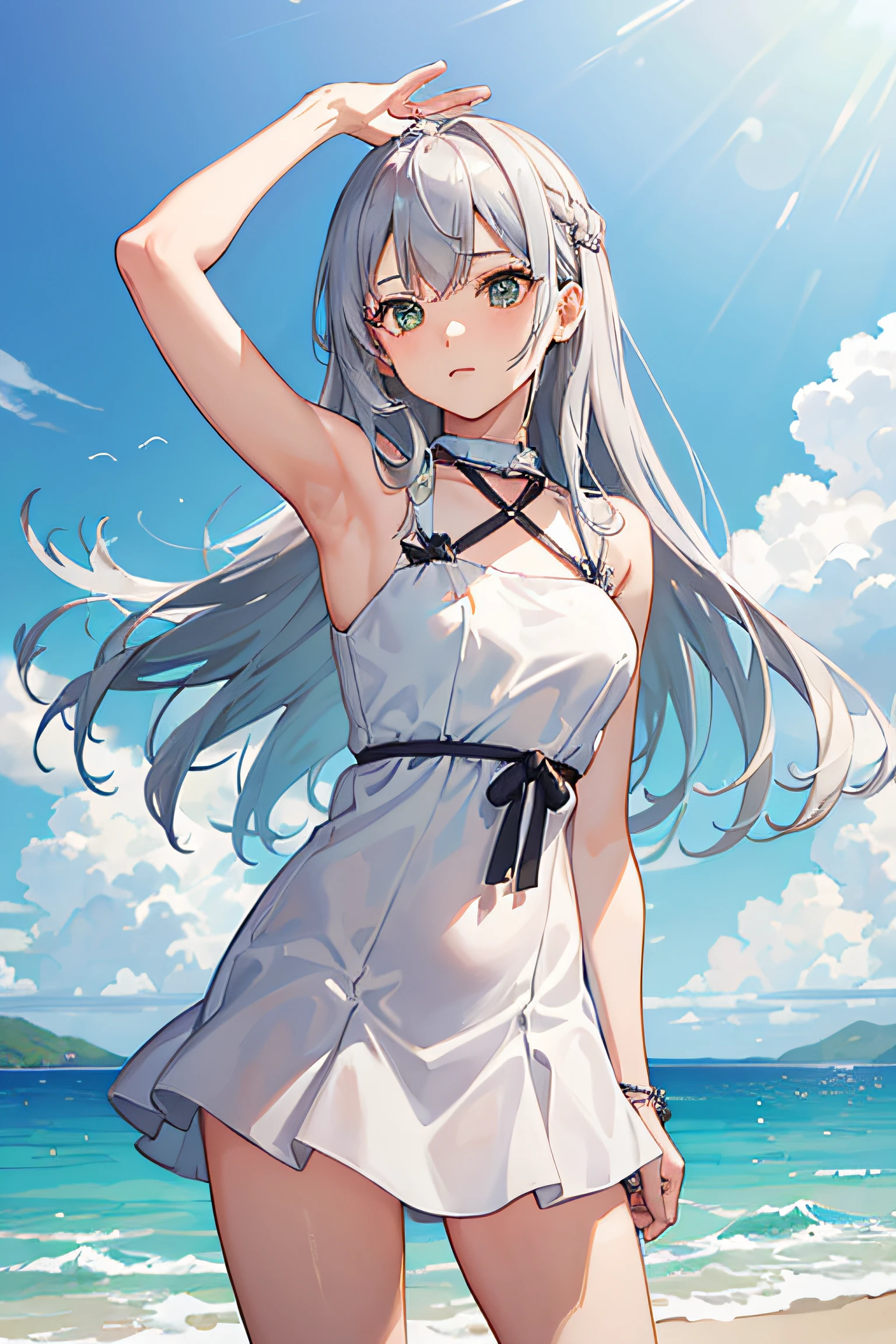 girl with、sea side、Frolic、White Bikinver hair、A delightful、​masterpiece、top-quality、The ultra -The high-definition、Top resolution、ighly detailed、Getting into the sea、Paleo skirt、lighting like a movie, ((nipples)), blush, embarrassed,