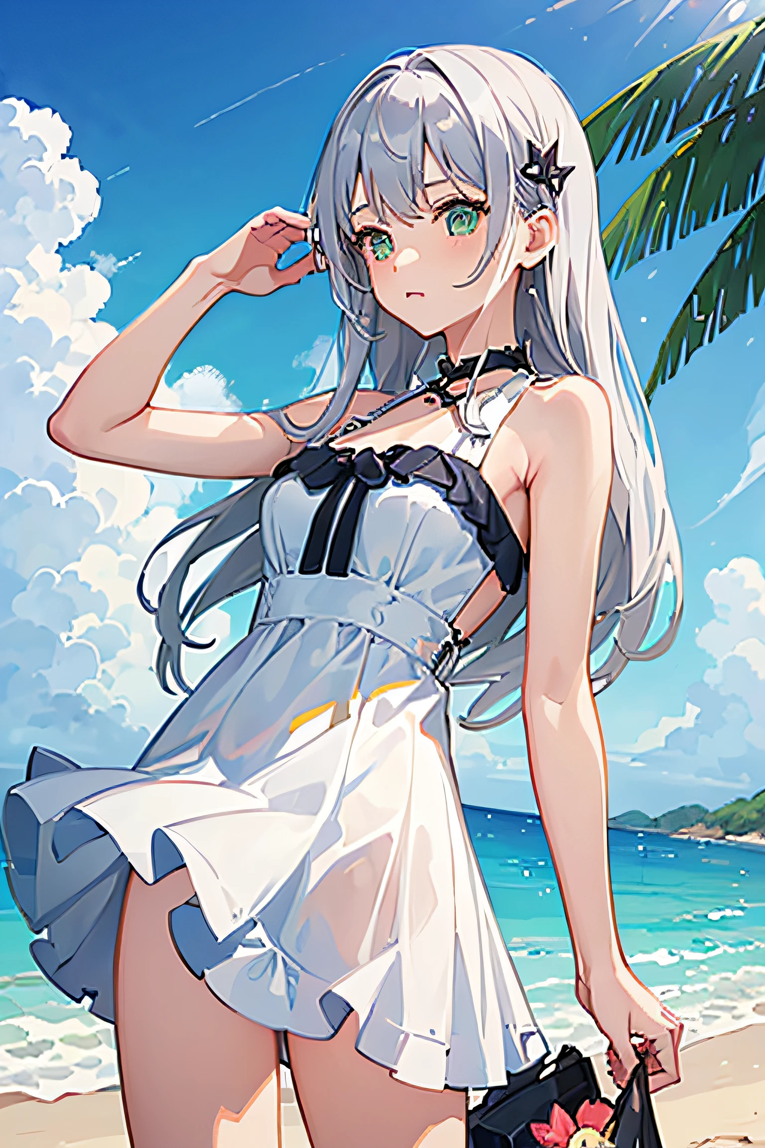 Bangs that cross between the eyebrows、ponytail、Swimwear、Silver Hair、One Girl