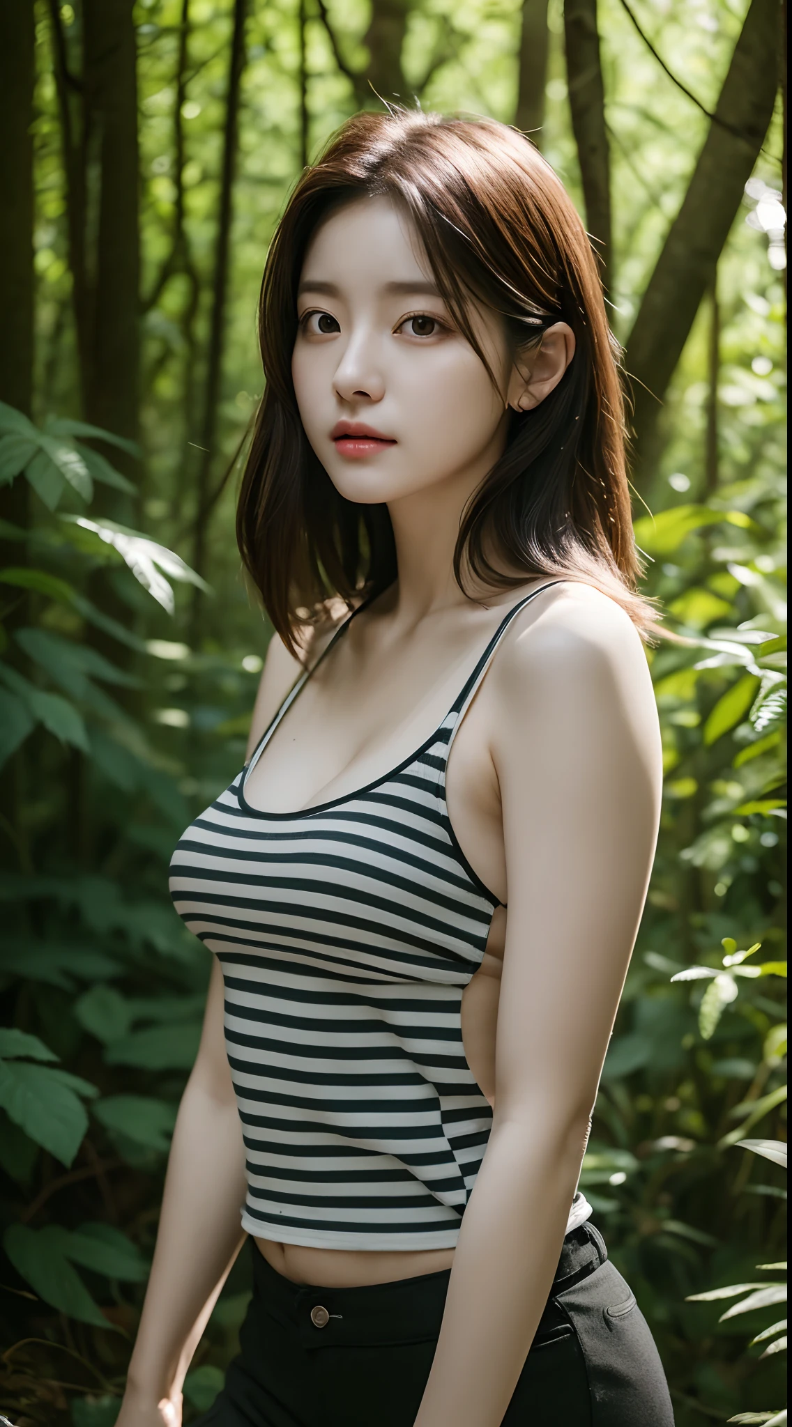 Realistic photos of 1cute Korean star, straight medium hair, 32 inch breasts size, wearing black striped tank top, shorts, walking in the forest, sunshine light, close-up portrait, cinematic lightning, UHD