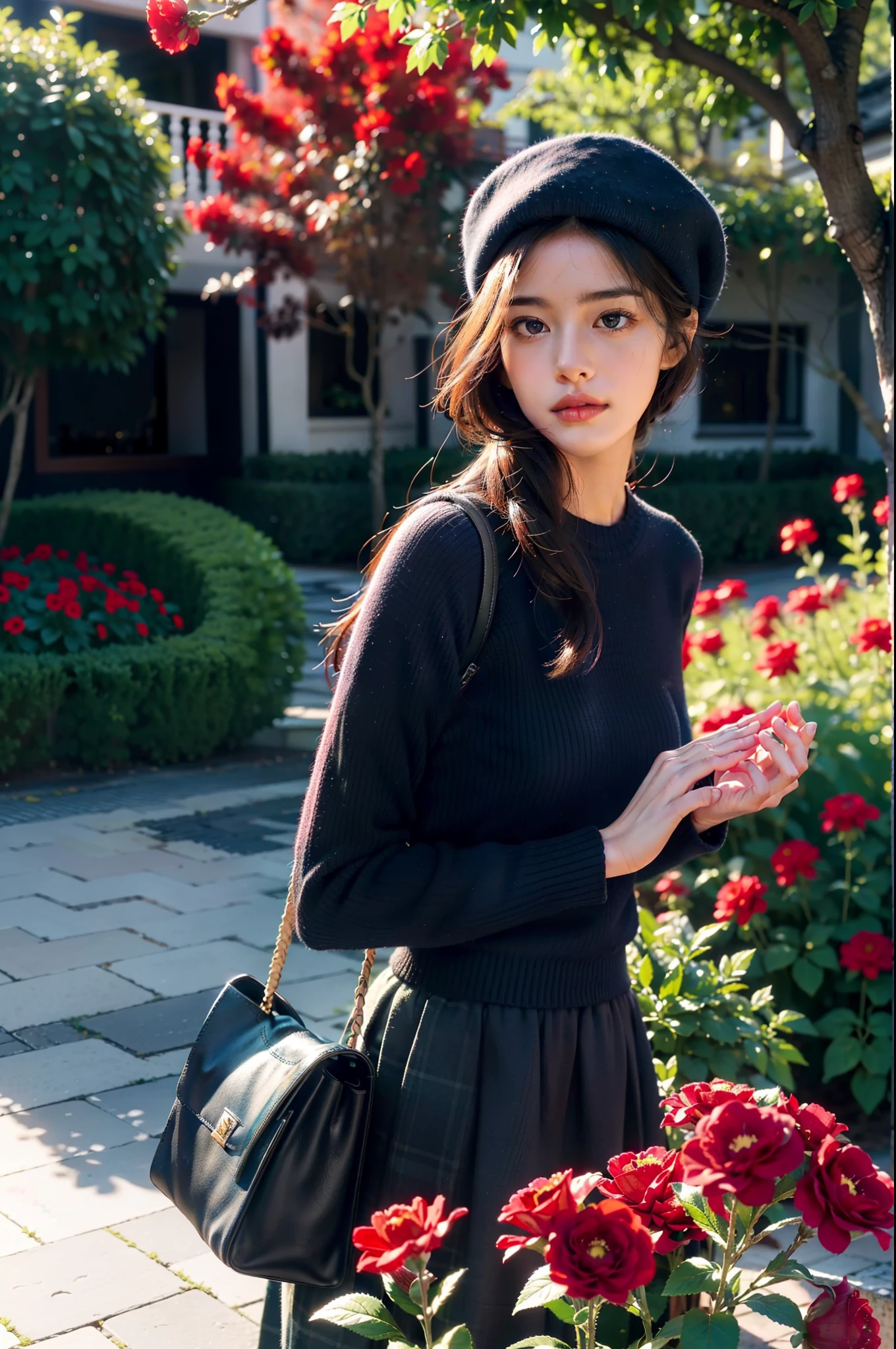 Capture to your feet,(Best Quality,4K,8K,hight resolution,masutepiece:1.2),Ultra-detailed,Realistic,Photorealistic:1.37,Garden girl,Beautiful detailed eyes,Beautiful detailed lips,extremely detailed eye and face,longeyelashes,Red Knitwear,Navy Blue Long Skirt,Navy Blue Beret,Holding a bag,looking away from camera,Admire the flowers,FULL BODYSHOT,Red flower bed nearby,Soft lighting,Vibrant colors,Delicate petals,peaceful ambiance.Red flower in one hand,