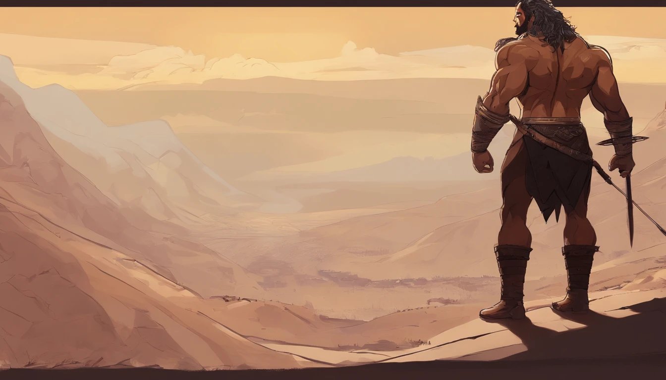 A hand-painted digital illustration of Samson, um homem musculoso com longos cabelos cacheados. He is standing heroically on a rocky hill in Israel, com as pernas afastadas e os punhos cerrados, looking determinedly into the distance. In the background are barren hills and the desert.