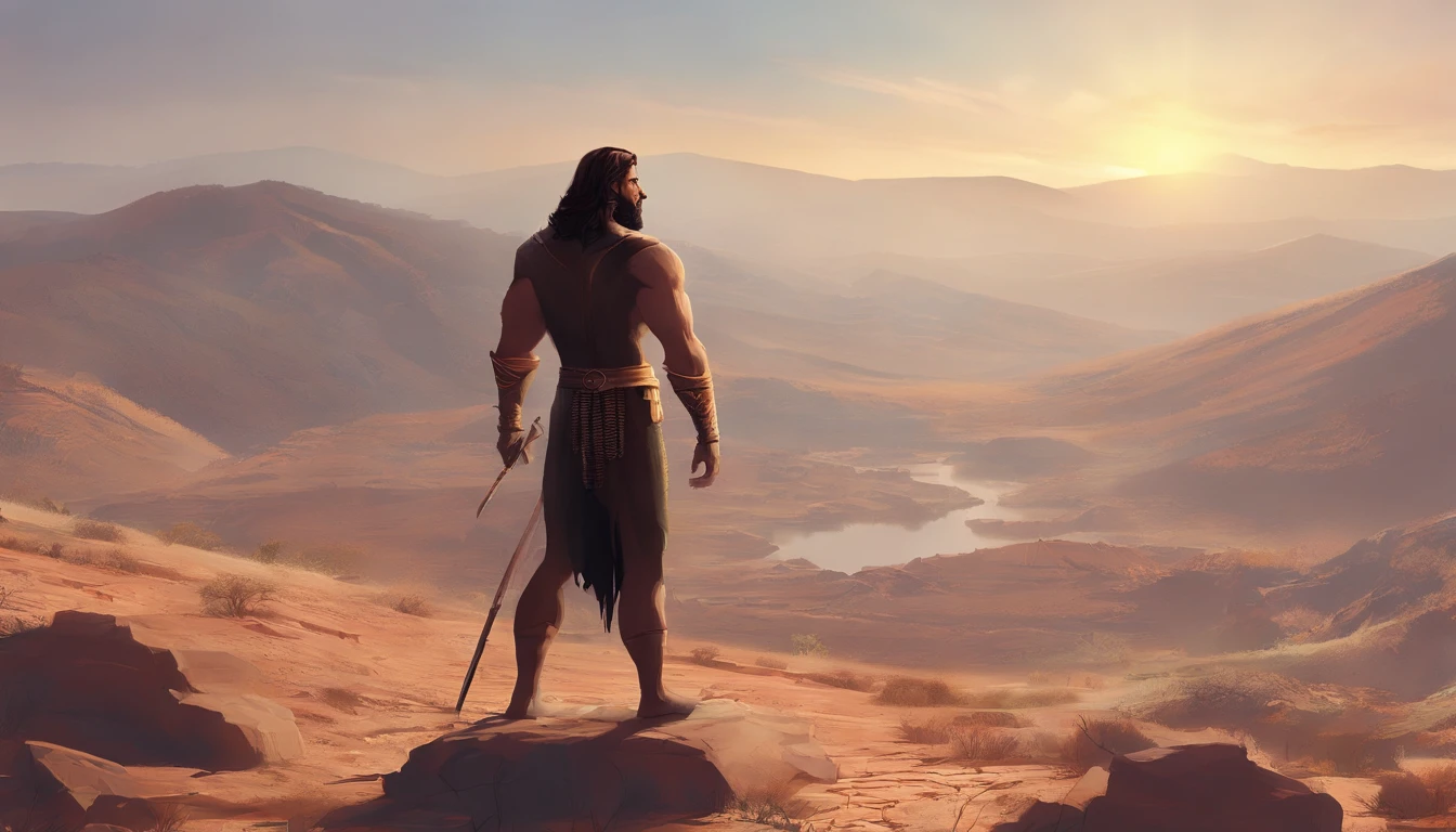A hand-painted digital illustration of Samson, um homem musculoso com longos cabelos cacheados. He is standing heroically on a rocky hill in Israel, com as pernas afastadas e os punhos cerrados, looking determinedly into the distance. In the background are barren hills and the desert.