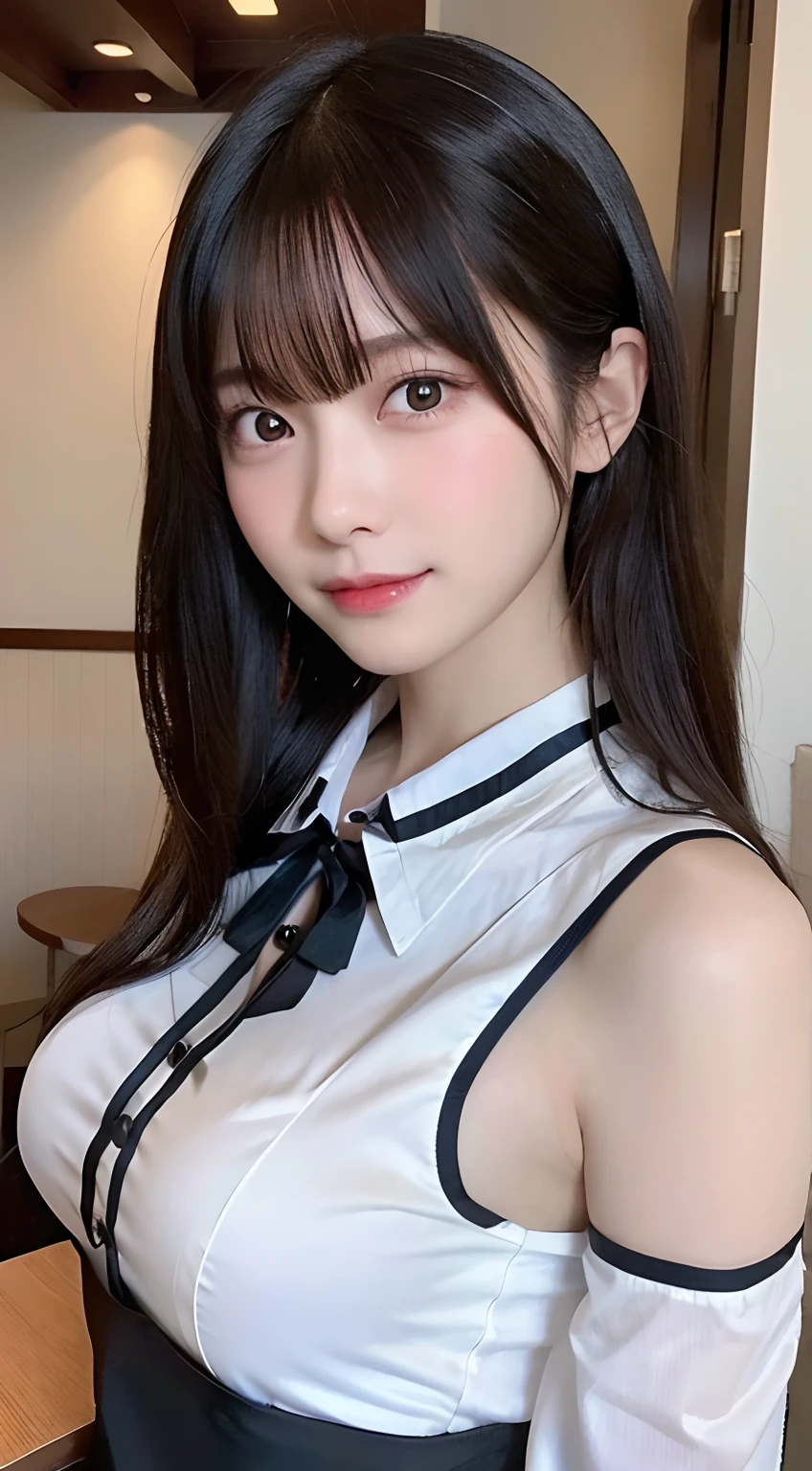 (top-quality,​masterpiece:1.3,超A high resolution,),(ultra-detailliert,Caustics),(Photorealsitic:1.4,RAW shooting,)Ultra-realistic capture,A highly detailed,High resolution 16K human skin close-up。 Skin texture is natural、,The pores are、Must be detailed enough to be easy to identify。 Skin should look healthy with even tones。 Use natural light and color,resturant,Waitress uniform,女の子1人,japanes,18year old,kawaii,A dark-haired,Middle hair,large boob,smil,Turn your body to the front,(front-facing view:1.1),Looking at the camera,cowboy  shot,Gaze,boob focused,Close-up