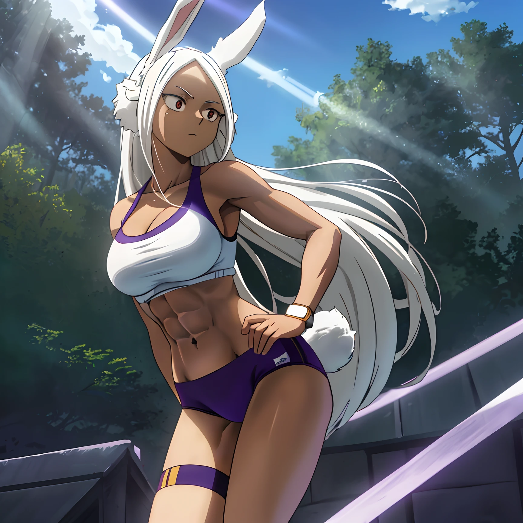 [Miruko; Boku no hiro academia], ((masterpiece)), ((HD)), ((high quality)), ((solo portrait)), ((side view)), ((anime)), ((Kohei Horikoshi)), ((detailed shading)), ((beautiful render art)),((cinematic lighting)), ((intricate details)), {Miruko; (dark skin), cute maroon eyes, long eyelashes, long white hair, long white bunny ears, small fluffy white bunny tail, large boobs, (defined abs), (muscular legs), (defined arm muscles), (gorgeous hips), (expressionless)}, {(white tank top with purple lines), (cleavage), (midriff), (purple tight spandex shorts), (watch on wrist)}, {(running), (looking ahead)}, [Background; (park), (trees), (blue sky), (sun rays)]