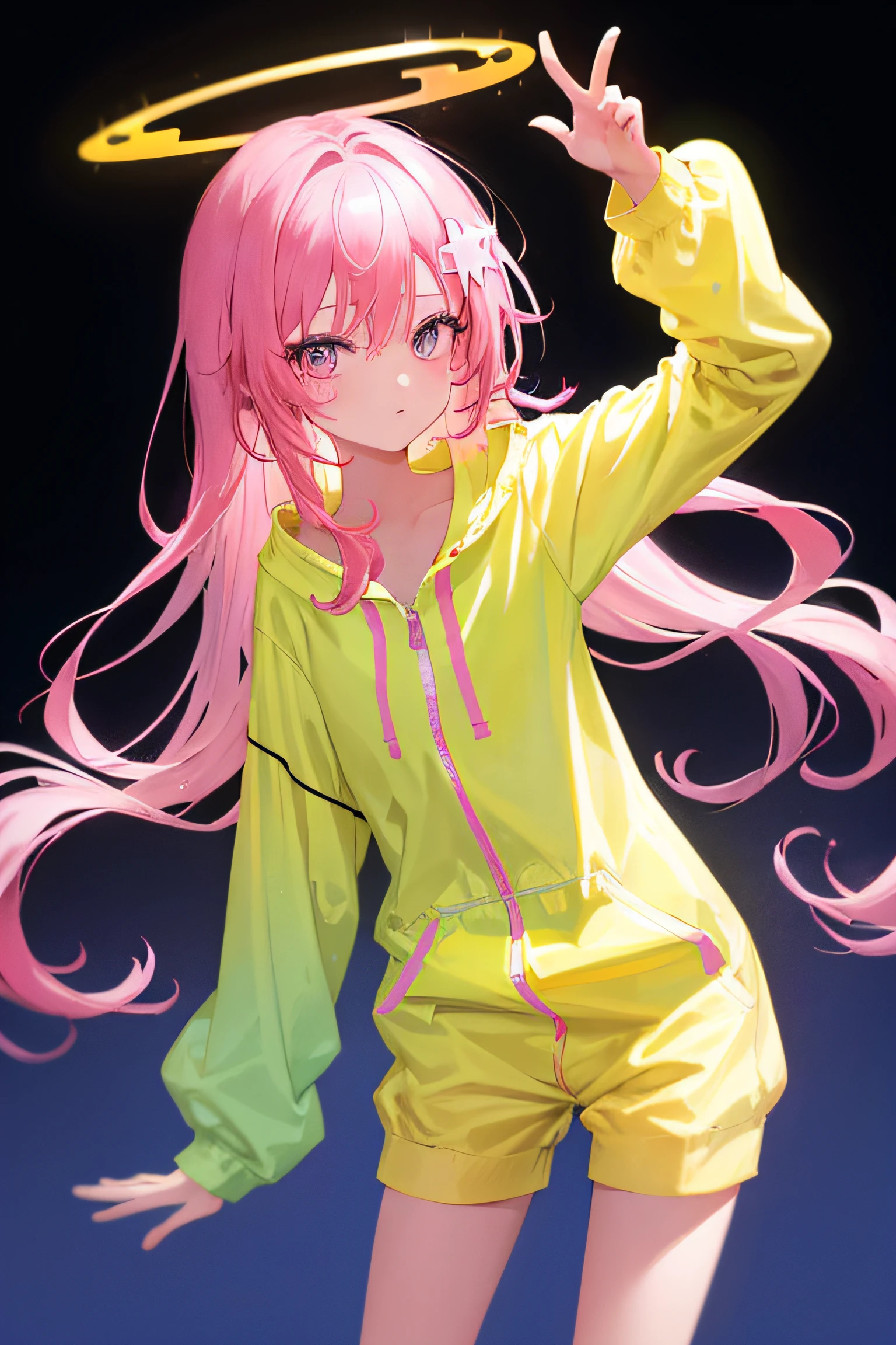 1girl in, (masutepiece:1.1), (Best Quality:1.1), colorful onesie, theme, (Gradient background :1.1), Cowboy Shots, silber hair, length hair, , verd s eyes, sideways Facing,