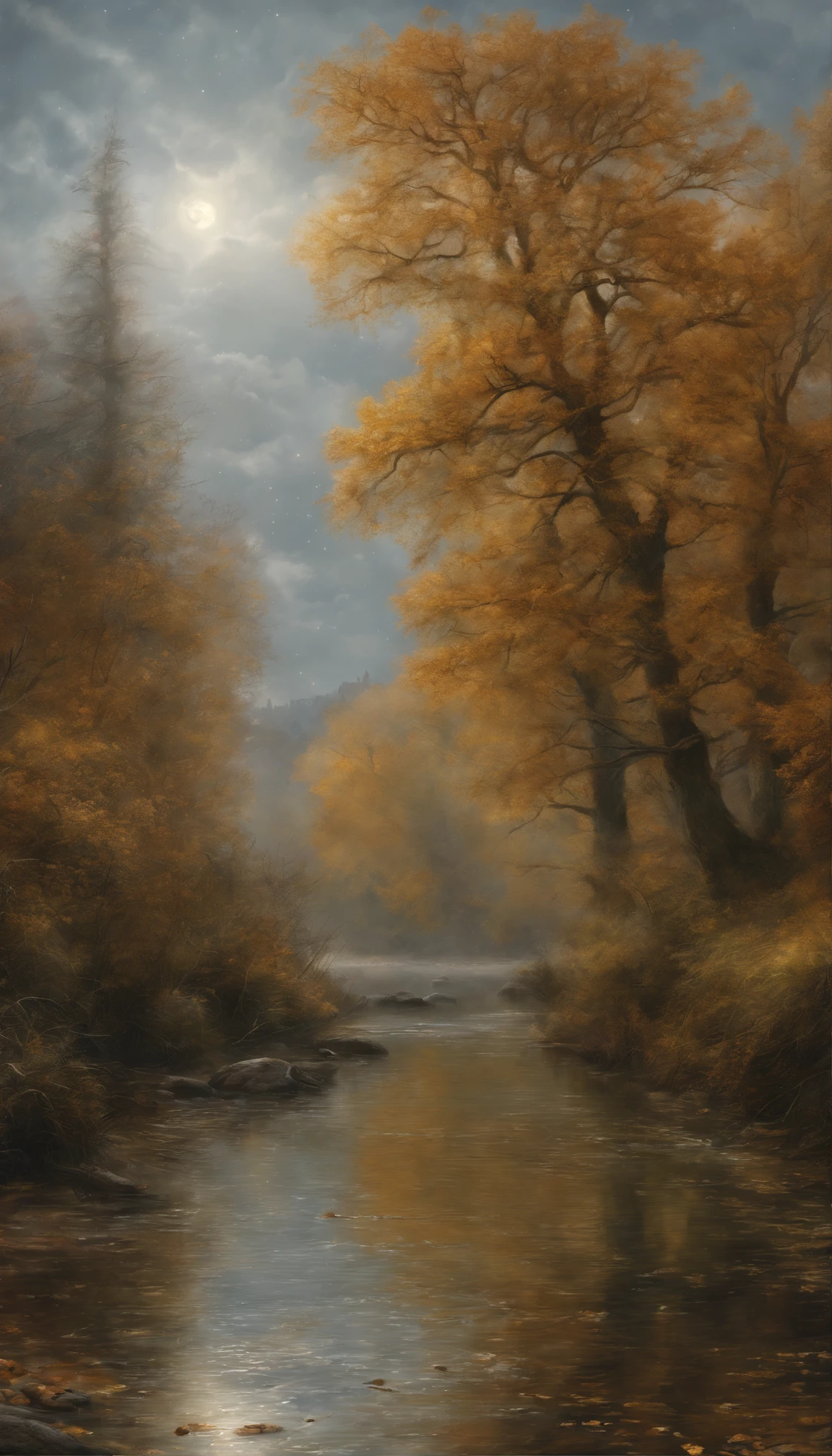 masterpiece, Top  Quality, hoog detail, a style of starry night by van goh, Autumn Morning, morning mist, haze, Cinematic light, river, highly detailed