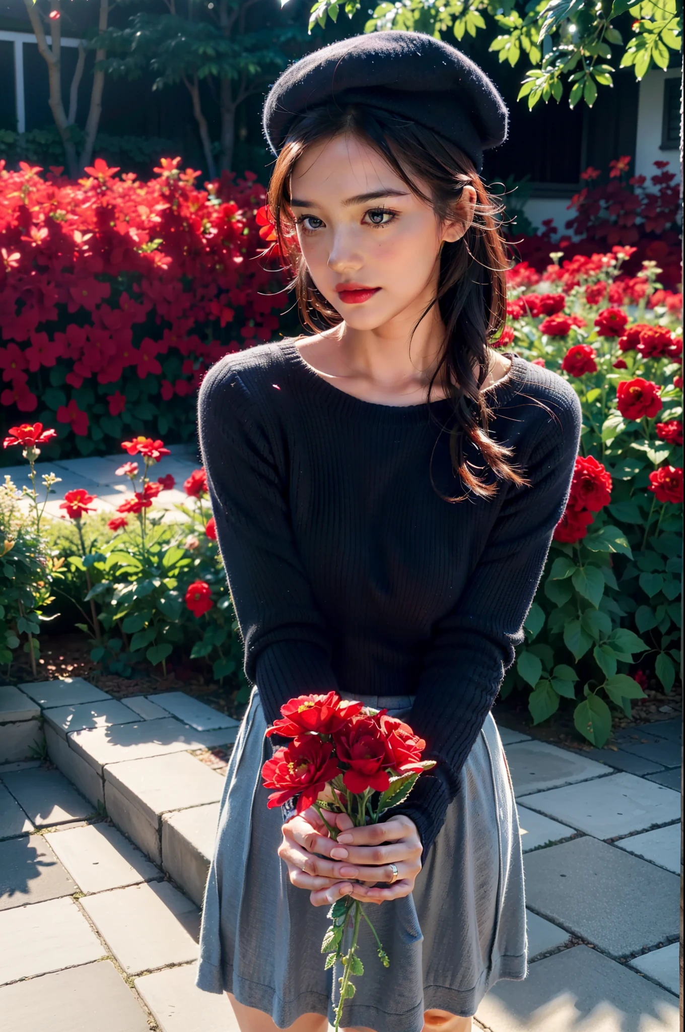 Capture to your feet,(Best Quality,4K,8K,hight resolution,masutepiece:1.2),Ultra-detailed,Realistic,Photorealistic:1.37,Garden girl,Beautiful detailed eyes,Beautiful detailed lips,extremely detailed eye and face,longeyelashes,Red Knitwear,Navy Blue Long Skirt,Navy Blue Beret,Holding a bag,looking away from camera,Admire the flowers,FULL BODYSHOT,Red flower bed nearby,Soft lighting,Vibrant colors,Delicate petals,peaceful ambiance.Red flower in one hand,