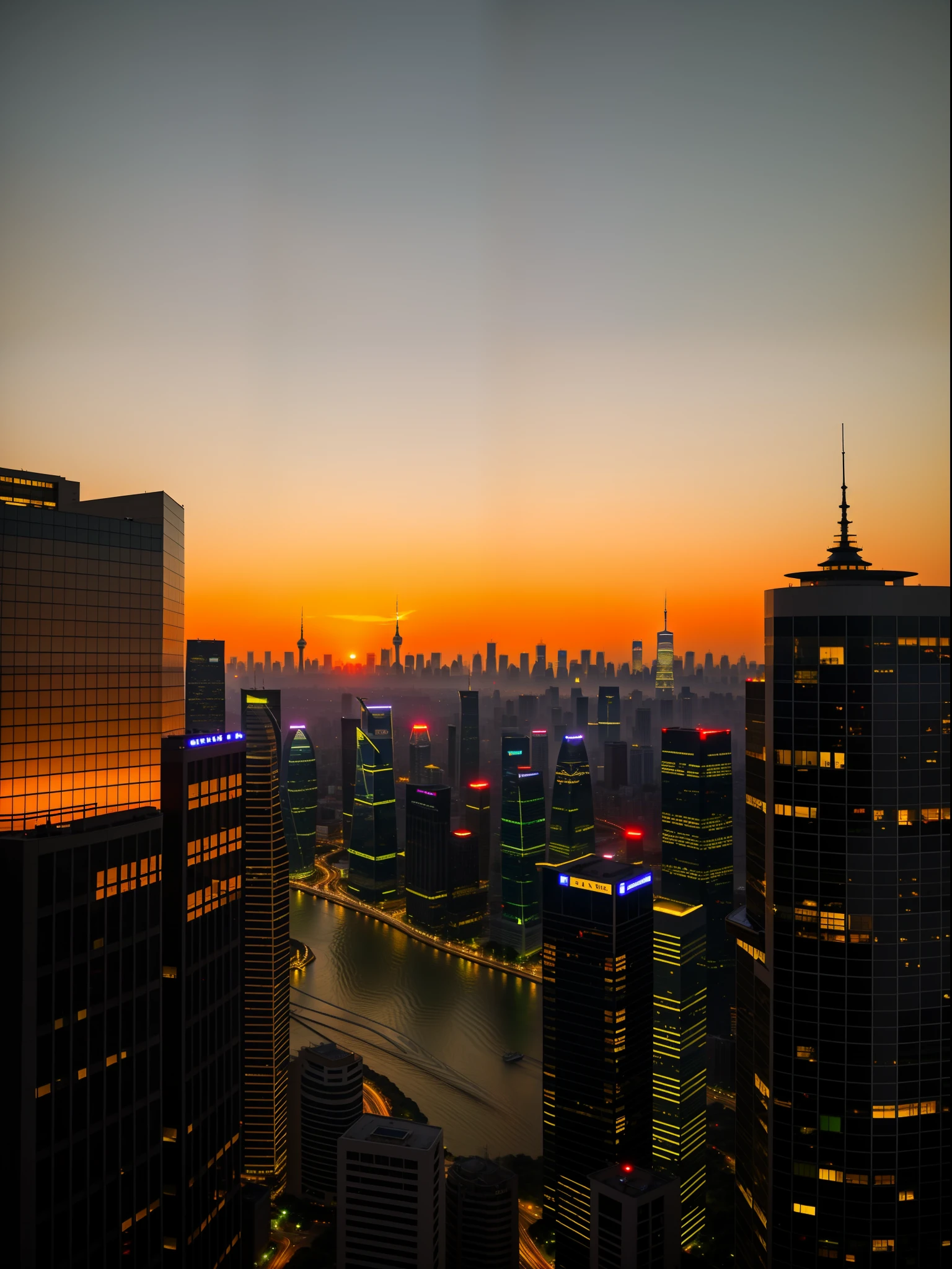 Alavid view of the city skyline at dusk,The foreground is a river, golden hour in beijing, Sunset view, sunsettime, beautiful and spectacular dusk, shanghai, The most beautiful sunset, city sunset night, City sunset, deep in the night, golden hour time, In the evening, real sunset, Evening sunset, Time-lapse photography, vista of a city at sunset