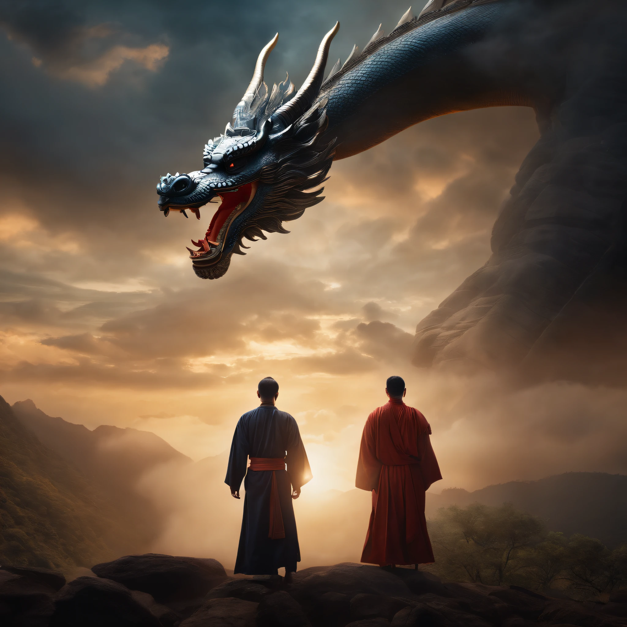 The battle of Buddha and dragon（fo：1.3）,a cassock,Dharma,Like the palm of the Buddha,The Chinese White Divine Dragon soared into the air，（Buddha manipulates dragons：1.3），（Buddha turned his back to the camera：1.3），Sky clouds surround the surroundings，Light magic，Fantastic background，Meaning background，Ridiculous background，There are artistic overlays，multicolored hair, surrealism, Cinematic lighting, Ray tracing, god light, speed-line, angle of view, hyper HD, Masterpiece, Best quality, Super detail, A high resolution, High quality，（Far view：1.3）