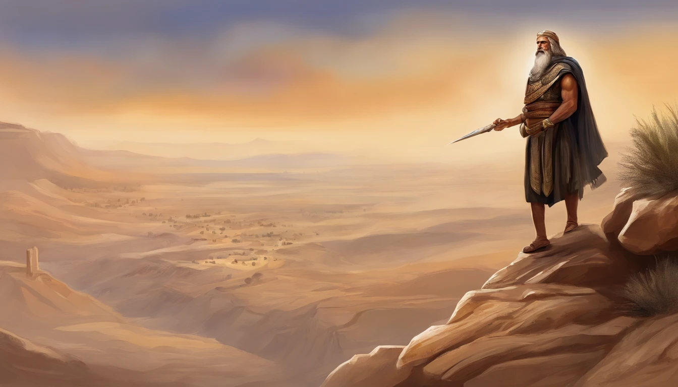 A hand-painted digital illustration of Samson, um homem musculoso com longos cabelos cacheados. He is standing heroically on a rocky hill in Israel, com as pernas afastadas e os punhos cerrados, looking determinedly into the distance. In the background are barren hills and the desert.