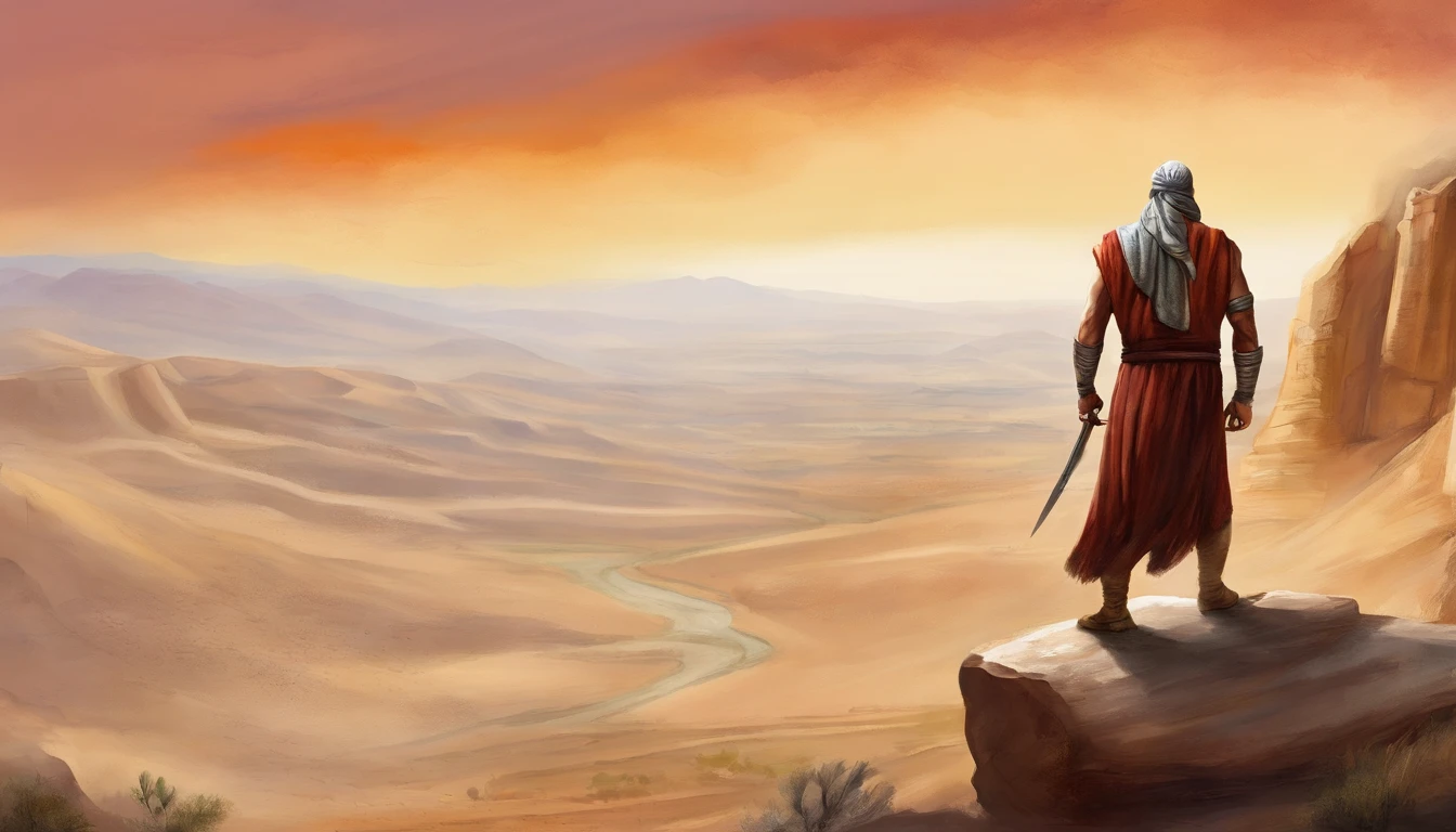 A hand-painted digital illustration of Samson, um homem musculoso com longos cabelos cacheados. He is standing heroically on a rocky hill in Israel, com as pernas afastadas e os punhos cerrados, looking determinedly into the distance. In the background are barren hills and the desert.