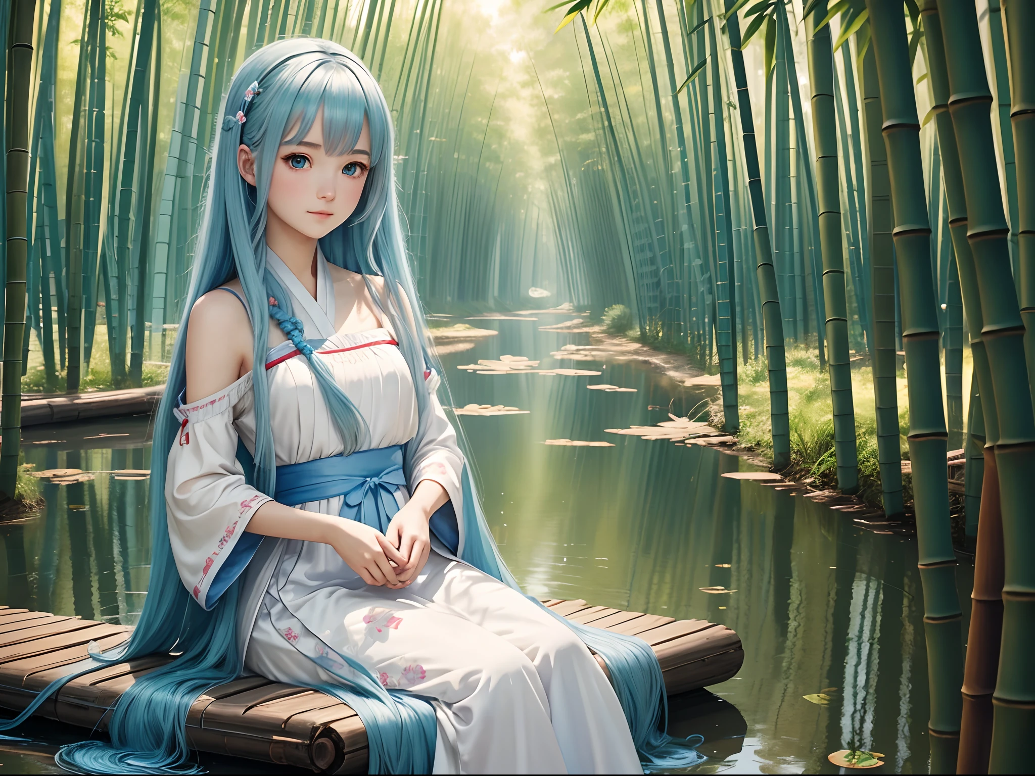 Masterpiece, Best quality, offcial art, 8K wallpaper, Very detailed, illustration, 1 girl, Sky blue hair, Long hair, Detailed eyes, Forrest gump, Bare shoulders, Hanfu, Lake, Pure, Soft smile, Bamboo, Tea