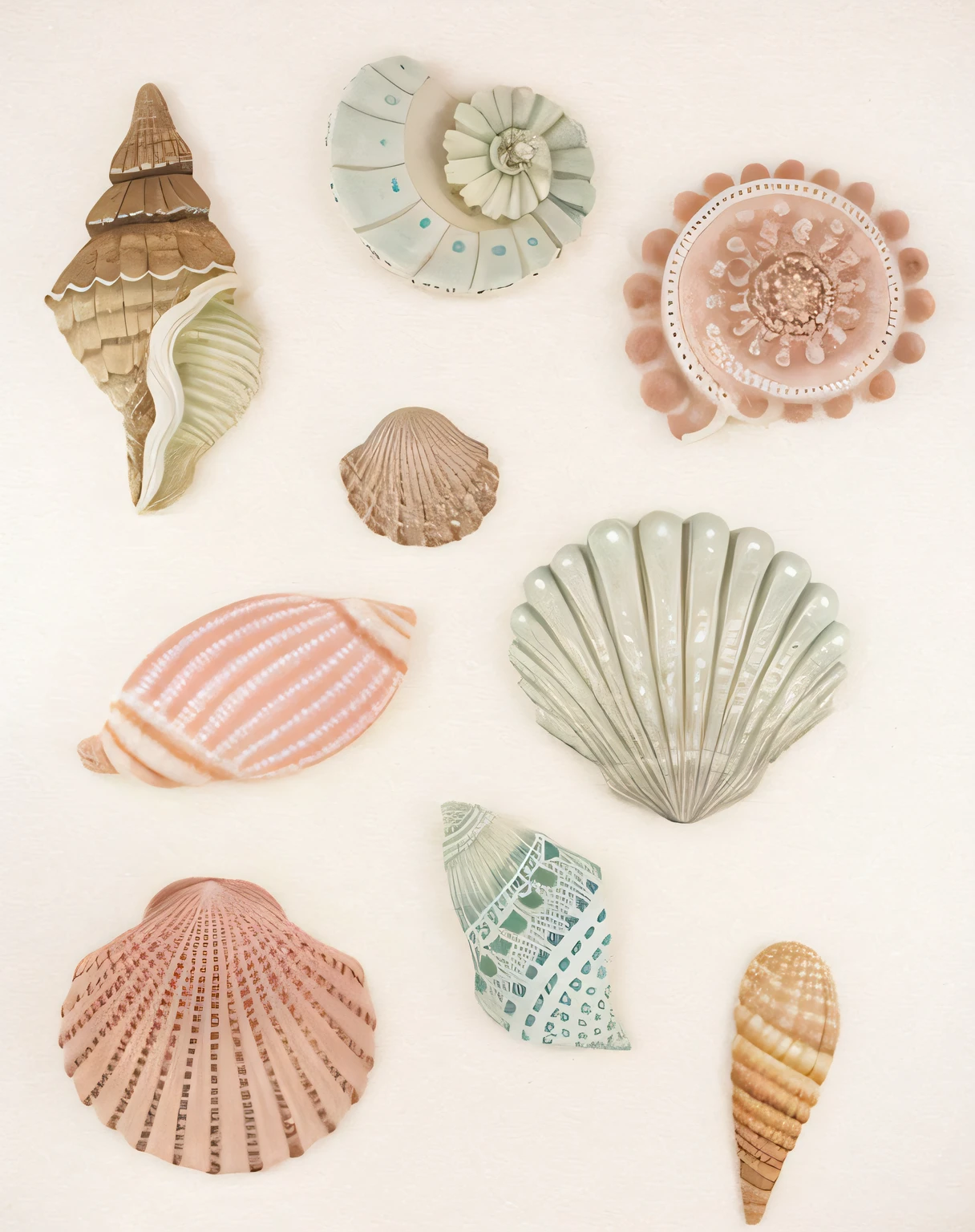 A closeup of a painting of seashells on a white surface, Conchas, Conchas, vestindo trajes de concha, pastel-hued, pearls and shells, concha, Gushy guelras e blush, conchas e cracas, pastel-hued, Concha do mar, arte pastel, Casa de Concha, por Isobel Heath, arte em pastel