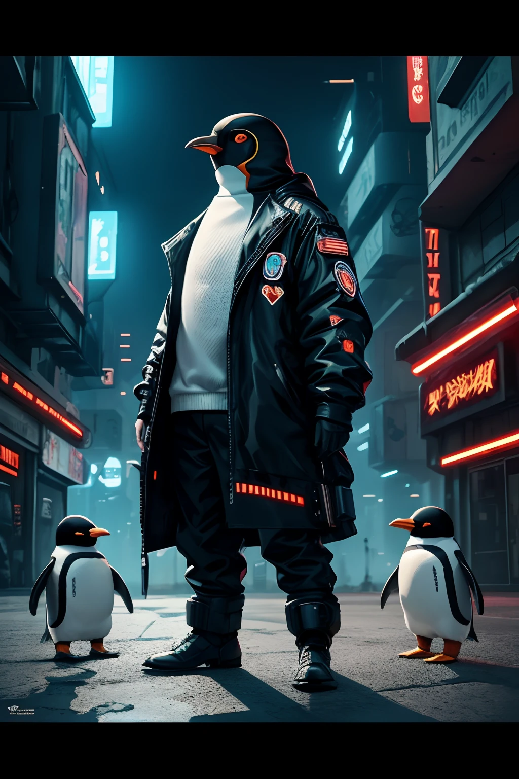 ((a sticker)),White background,Simple background,Concept art,sots art, Cyberpunk Penguins, Antro Penguin in Cyberpunk Clothes, Cinematic lighting