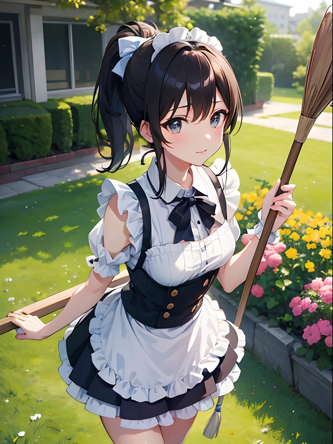 masutepiece、hight resolution、Cute maid with a ponytail、Cleaning with a garden broom、Delicate and accurate writing