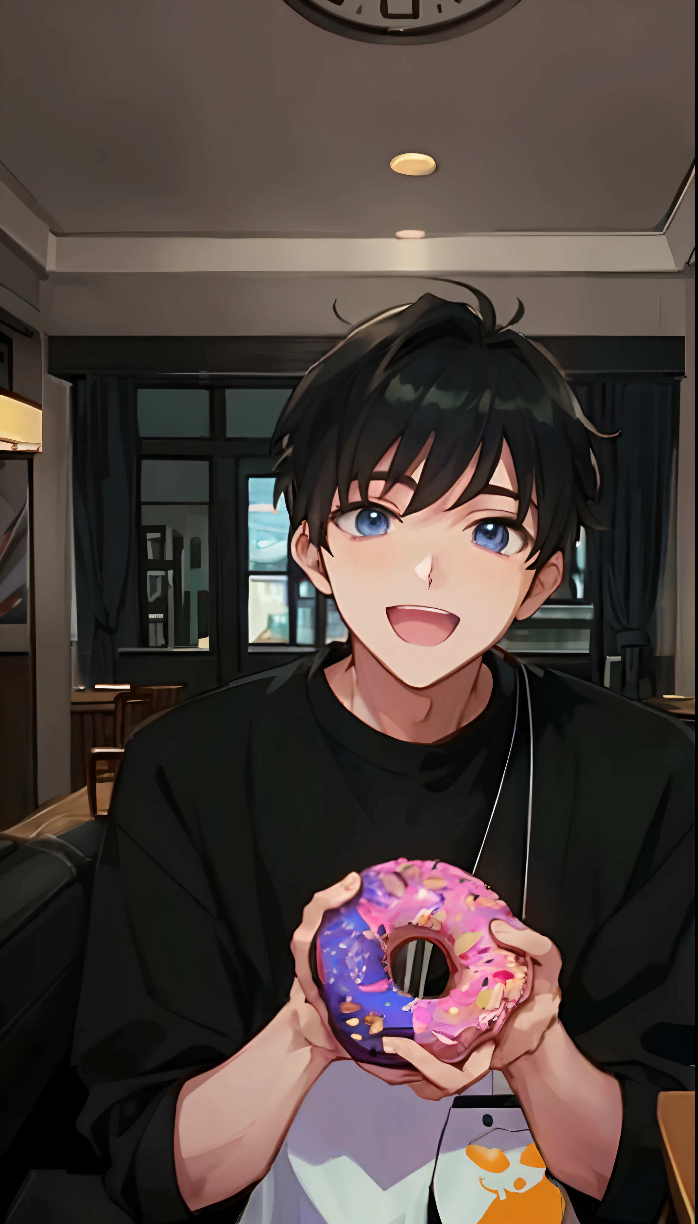 anime boy holding a donut in his hands in a restaurant, anime moe artstyle, young anime man, anime boy, anime handsome man, tall anime guy with blue eyes, high quality anime artstyle, kawaii realistic portrait, smooth anime cg art, male anime character, handsome anime pose, male anime style, anime portrait of a handsome man, smileing nright