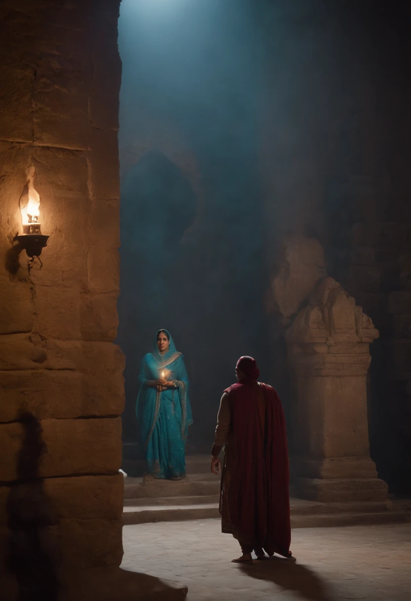 full body shot placing the four main characters prominently in the foreground, Show Amir muslim character in front and Leyla in guardian attire, looking determined and protective of the glowing artifact. Rajendra is a indian character can have a mystical aura around him, and Livia can hold an open ancient scroll with mysterious symbols. Emphasize their unity and the sense of danger. Add an eerie bluish glow to the artifact to make it stand out and hint at its power. background Palace exterior at night, with dimly lit windows and eerie mist creating a sense of mystery. Enhance the mist and shadows to create a sense of suspense.