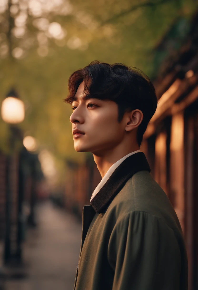 Personagem realista, Kim Taehyung, On an old street at a sunset with spring trees in the background