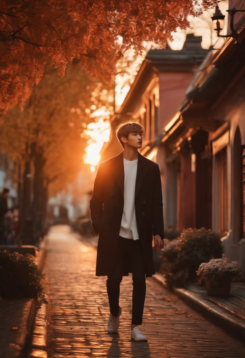 Personagem realista, Kim Taehyung, On an old street at a sunset with spring trees in the background