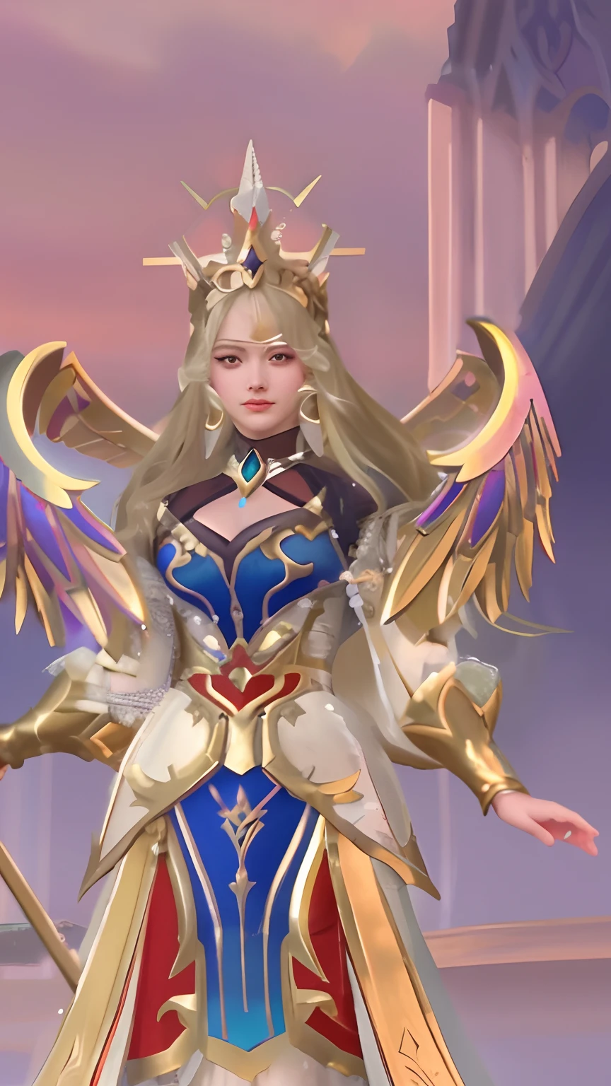 a close up of a woman in a dress with a sword, mystical atlantean valkyrie, seraphine ahri kda, aion, angelic golden armor, full - body majestic angel, mystical valkyrie, mercy ( overwatch ), inspired by Lan Ying, as a mystical valkyrie, a beautiful fantasy empress, inspired by Ju Lian, divinity detailed