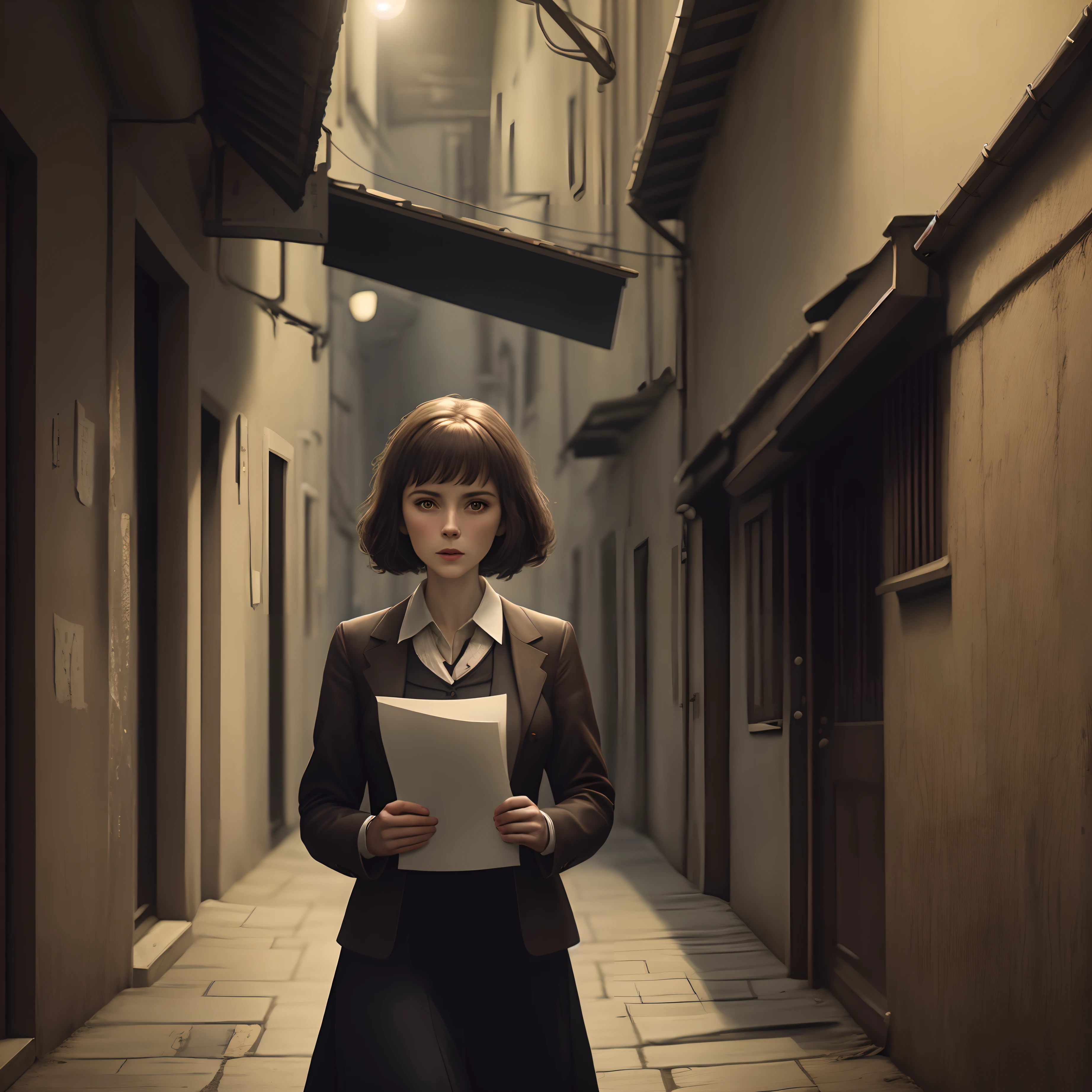 Stil, cinematic, woman holding a letter in a dark alley