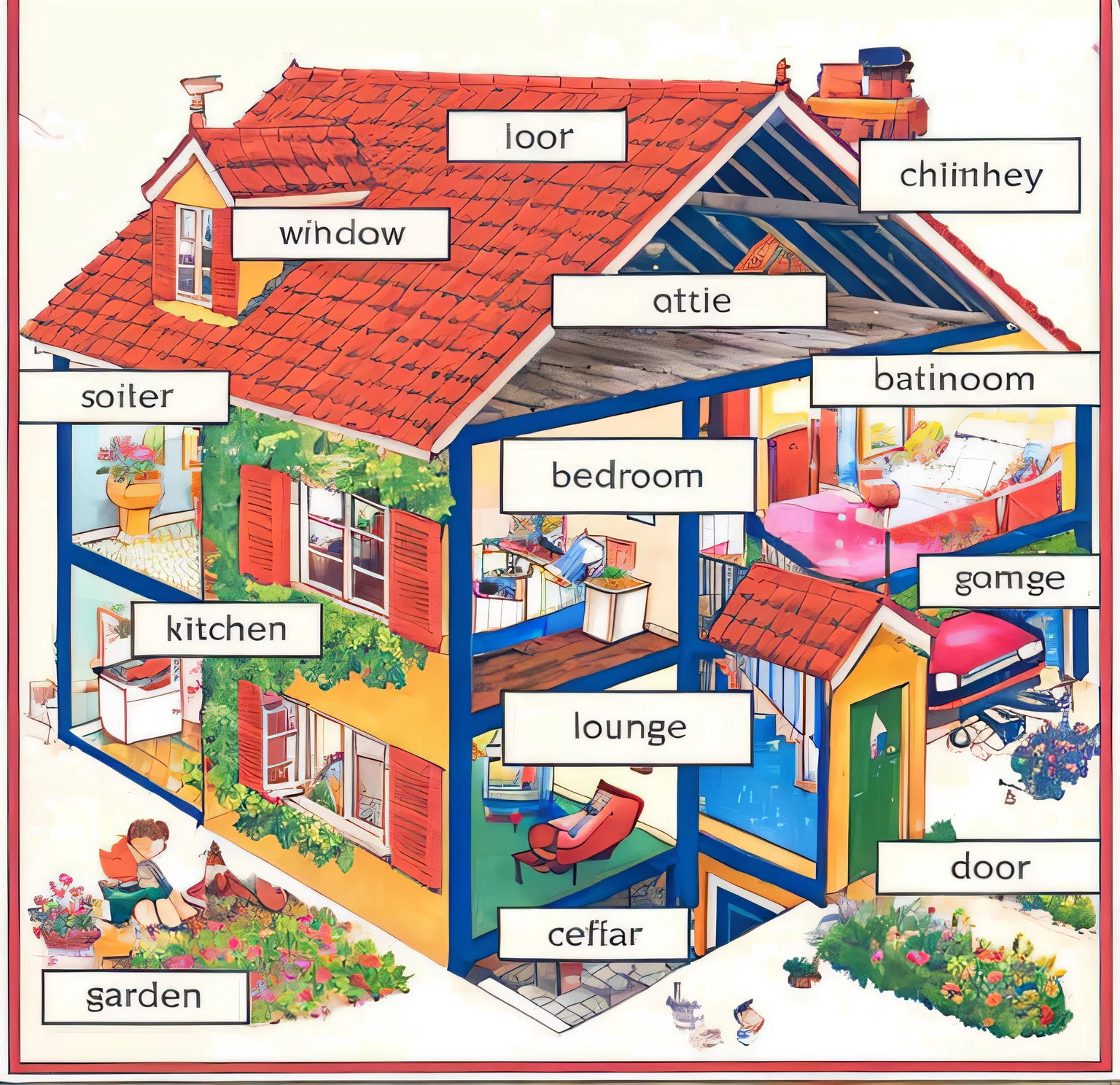 highres,realistic,a house and the parts of a house,brick exterior,white-painted wooden windows,colorful front door,well-maintained yard with green grass and blooming flowers,white picket fence,family enjoying sunny day in the garden,open balcony with comfortable outdoor furniture,spacious living room with large windows,filled with natural light,cozy fireplace in the corner,fully equipped kitchen with modern appliances,elegant dining area with a long wooden table and stylish chairs,peaceful bedroom with a comfortable bed and soft, neutral-colored bedding,organized walk-in closet, luxurious bathroom with a large bathtub and a separate shower, private study room with a desk, bookshelves, and a cozy reading nook, children's playroom with toys and a colorful mural on the wall,laundry room with modern washing and drying machines,garage with space for two cars, beautiful backyard pool with a wooden deck and lounge chairs,well-designed outdoor kitchen and dining area for barbecue parties,lovely rooftop garden with lush greenery and a stunning view of the city at sunset