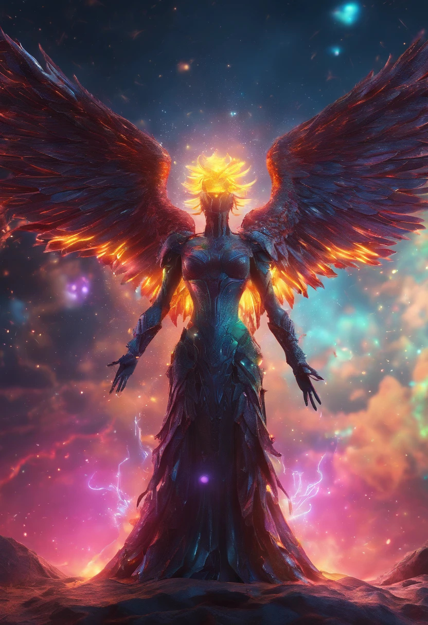 Cosmic Fallen Angel, glowing light eyes, Biomechanical, eerie, Creepy, nightmarish, Very bright colors, Light particles, with light glowing, Mshiv, wallpaper art, UHD wallpaper