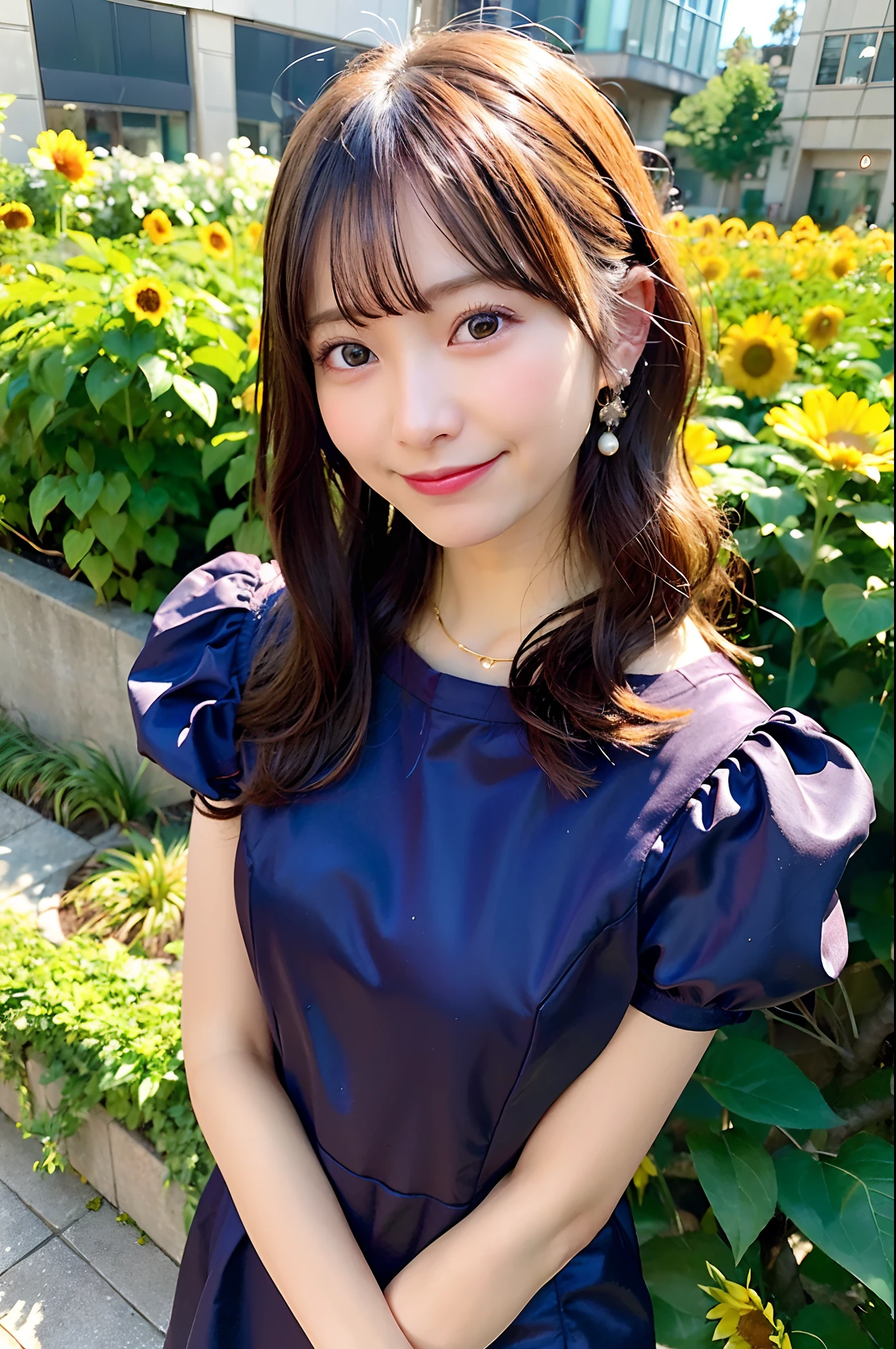 (top-quality、8K、32K、masuter piece、nffsw:1.2)、profile、(slim figure:1.2)、(s lips) 、18year old、Show your teeth and smile、耳?????? Ring、Colossal tits、二重まぶた、shinny skin、Realistic rays、mare、beauitful face、(A smile:1.3)、crouching down、(From above:1.2)、(a closeup:1.4)、blurry backround、(Front Focus)、(Dark: 1.6)、Fantasy Art、photoRealstic、Professional Lighting、extra detailed face、Award-winning、deep-shadows、Sunflower flower garden