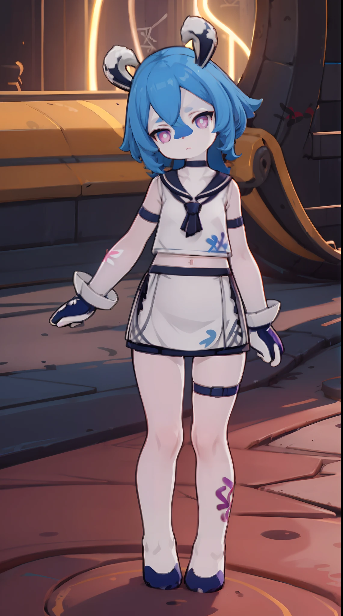 Melousine | genshin impact, master-piece, bestquality, 1girls,25 years old, proportional body, elongated legs, proportional., Wedding Dresses, White Wedding Dress, wedding, mediuml breasts, ,bara, crop top, choker, (Graffiti:1.5), Splash with purple lightning pattern., arm behind back, against wall, View viewers from the front., Thigh strap, Head tilt, bored, 10, 10, HD, slight smile,