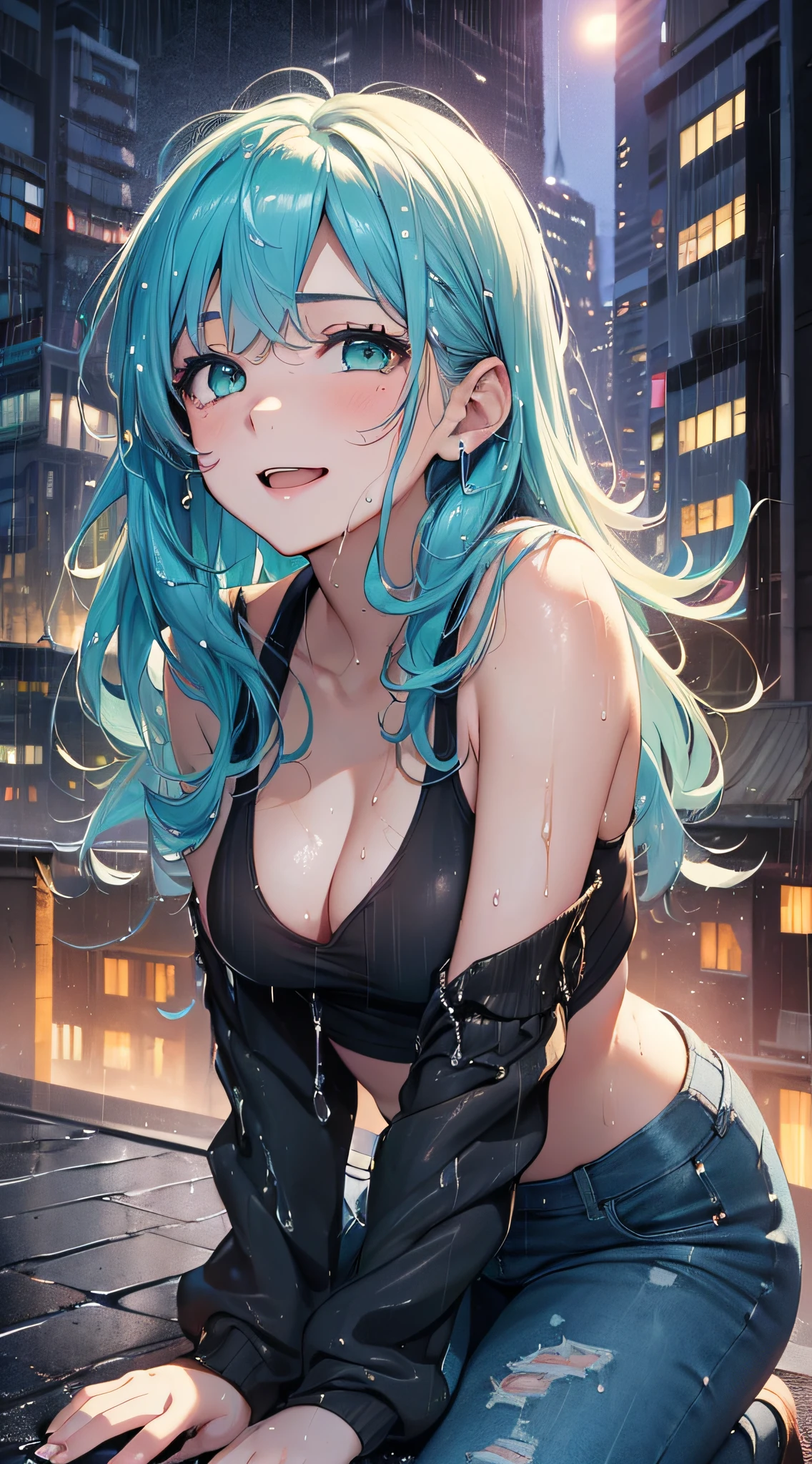 top-quality、Top image quality、masterpiece、teens girl((sixteen years old,My whole body is full of wounds、Black tattered tank top,Tattered blue long pants、Best Bust、Bust 85、Light blue shiny hair、Longhaire,Blue-green eyes、open chest wide、Valley、Happiness、A slender、the whole body is wet、Falling to the floor、Kneeling、Leaning forward、Laugh))hiquality、Beautiful Art、Background with((City rooftop at night、Very heavy rain,Intense thunder、Windstorm))、masutepiece、Elaborate design、visualart、Theatrical films