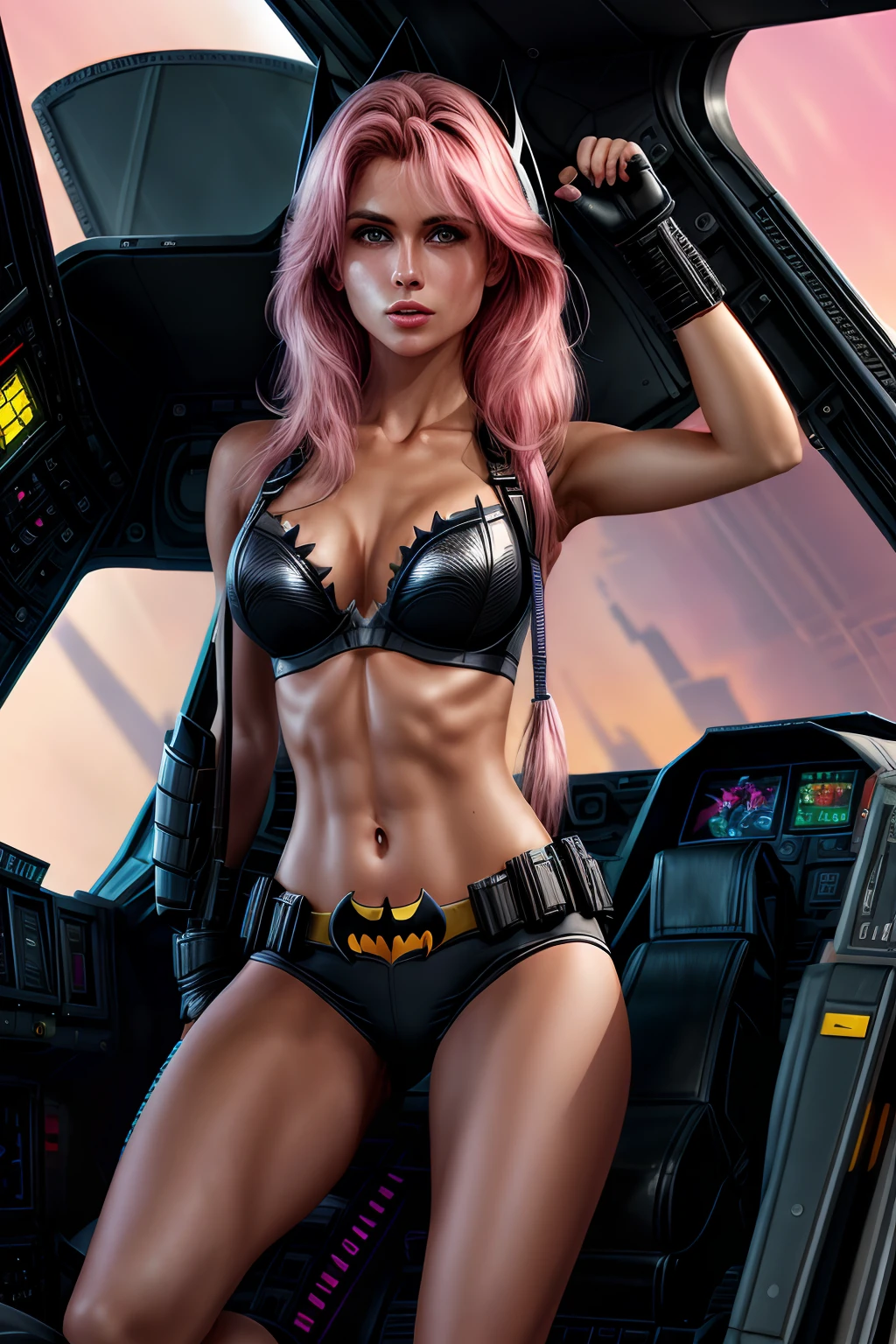 (Very detailed 8k wallpaper), Batgirl sitting in the cockpit of a futuristic fighter plane, Black Futuristic Fighter Jet Cockpit, Futuristic fighter cockpit:1.3, which are full of confidence, Holding the fighter joystick with both hands, Two hands holding joystick, Many switches and lights, Long hair, Pink bra, Sexy pink top, Short Pink Top:1.2, Calm, Modern futuristic clothes in pink, with an intricate, Highly detailed, And dramatic, Cinematic lighting, Bright scene, Cameltoe:1.0, Thigh gap, softlight, Large breasts:1.4, NSFW:1.4, fit girl, lean girl, pink tight leather clothes, cleavage, a navel, batman logo, Joystick Hand