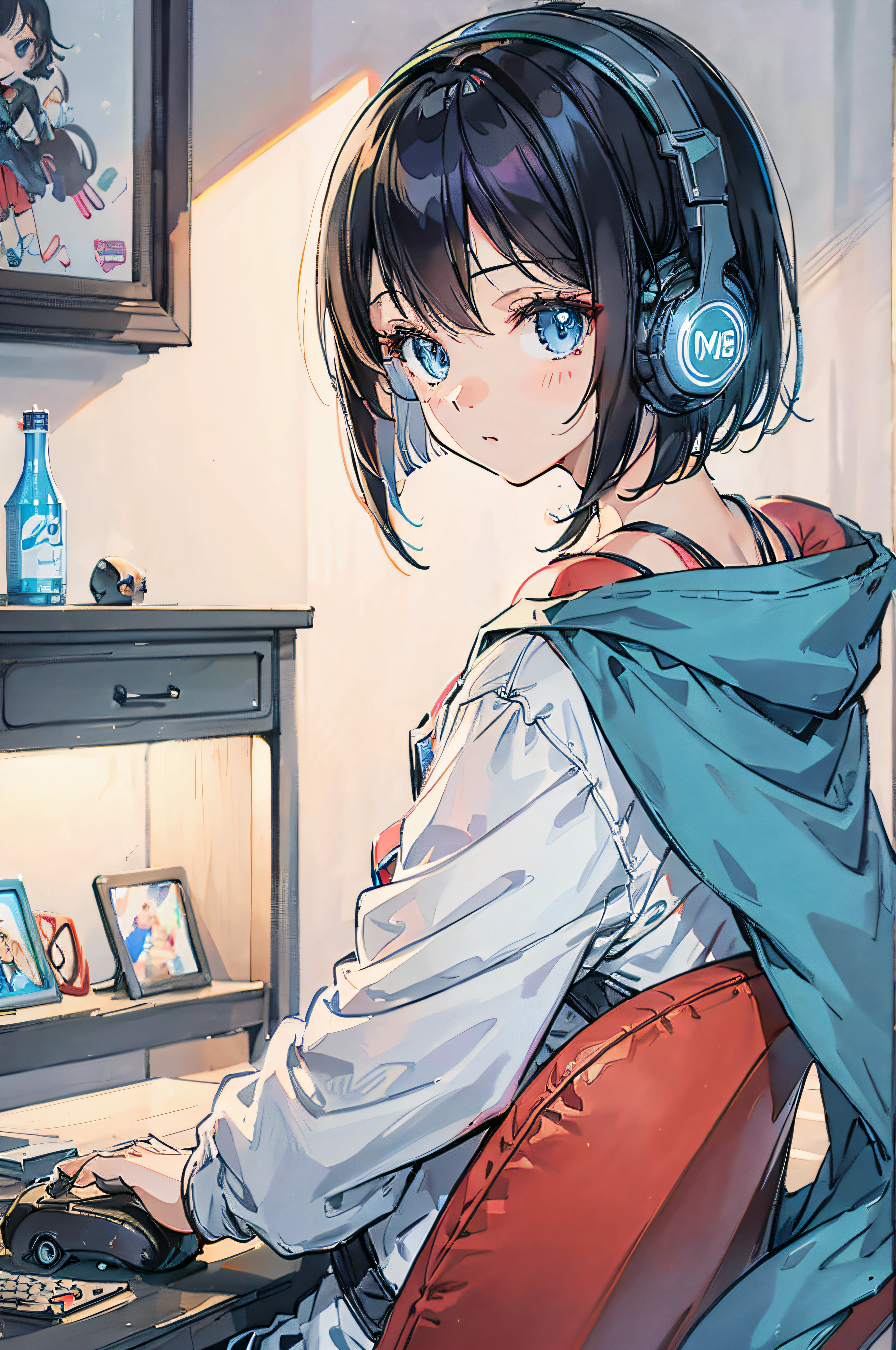 (((masterpiece, Highest quality)))、(((32K Wallpapers)))、(((A woman sitting with her knees hugged)))、Rusted wallachine with detailed gears)))、(((Lots of plants)))、Faint lighting、Light leakage、Light on the face、(((Dilapidated small room)))、(((Red sunset)))、Perfect hands、Perfect legs、Perfectly detailed beautiful face、Sparkling Eyes、White T-shirt、Detailed Hair、(((Fisheye Lens)))。(((Dull colors)))、(((Well crafted headphones)))、Detailed and complex background、(((A world that has collapsed)))、(((head shot)))、Blue hair color