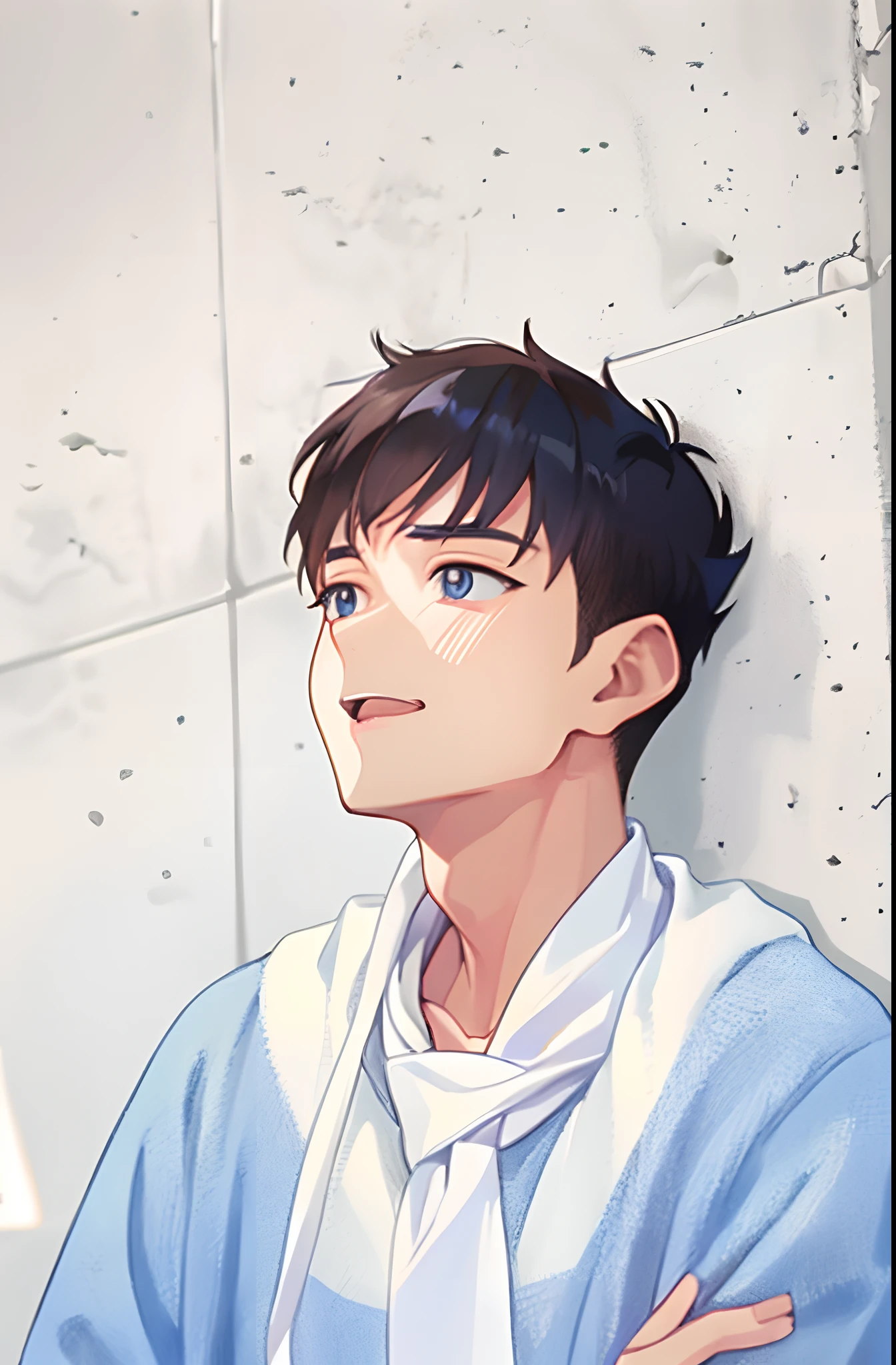 anime boy with blue eyes leaning against a wall, inspired by Bian Shoumin, kentaro miura manga art style, inspired by Ma Yuanyu, shinji, inspired by Kun Can, in an anime style, anime style portrait, painted in anime painter studio, kentaro miura manga style, digital anime illustration, in anime style, inspired by Xiao Yuncong