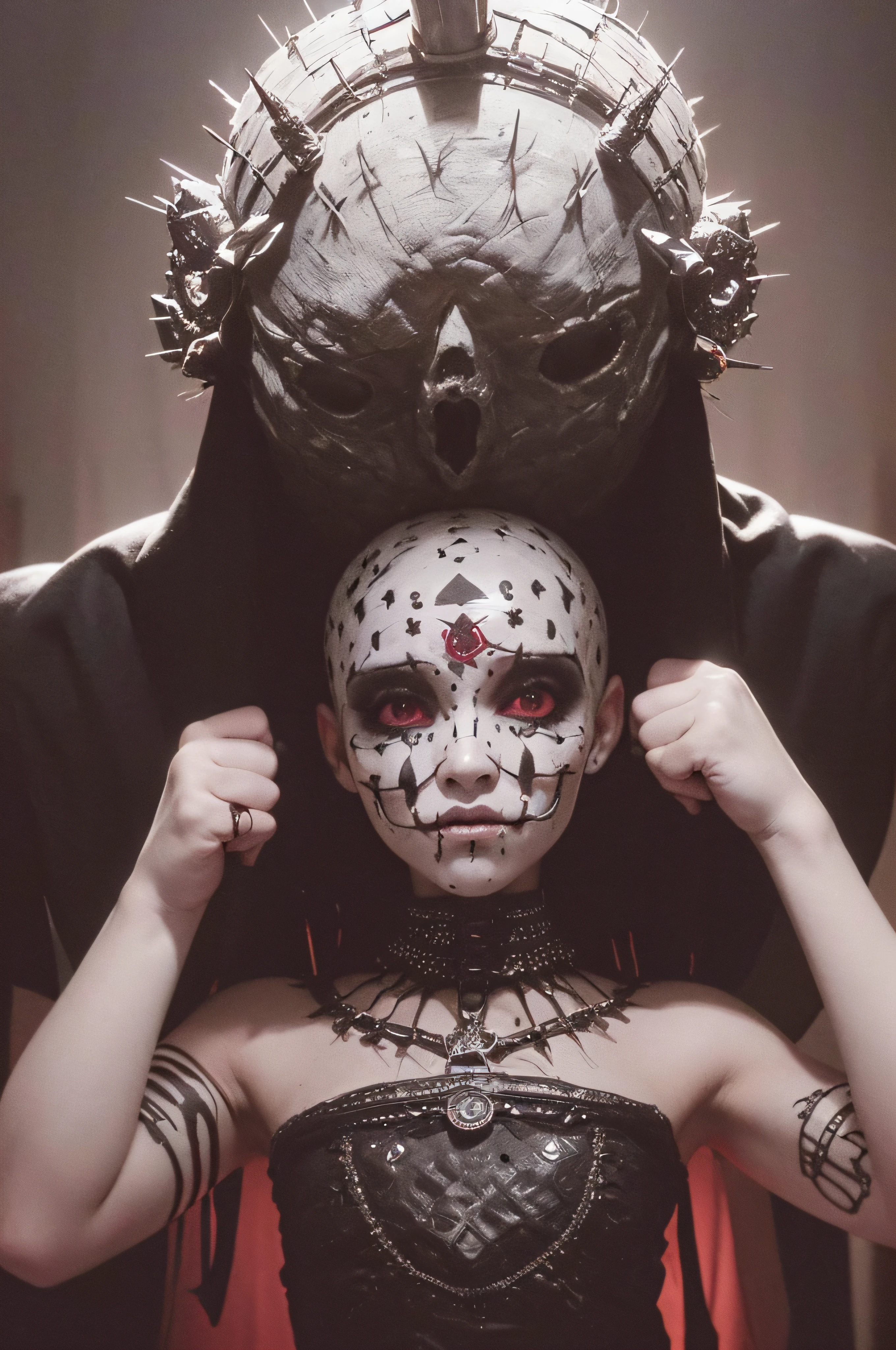 "(The best lighting, oscuro, dramatic),(feto calavera alien, Hellraiser, Cicatrices, , sexy, cerebro, sangre, una rata dentro de la cabeza, terror.),(ojos rojos, calaveras). morning light.