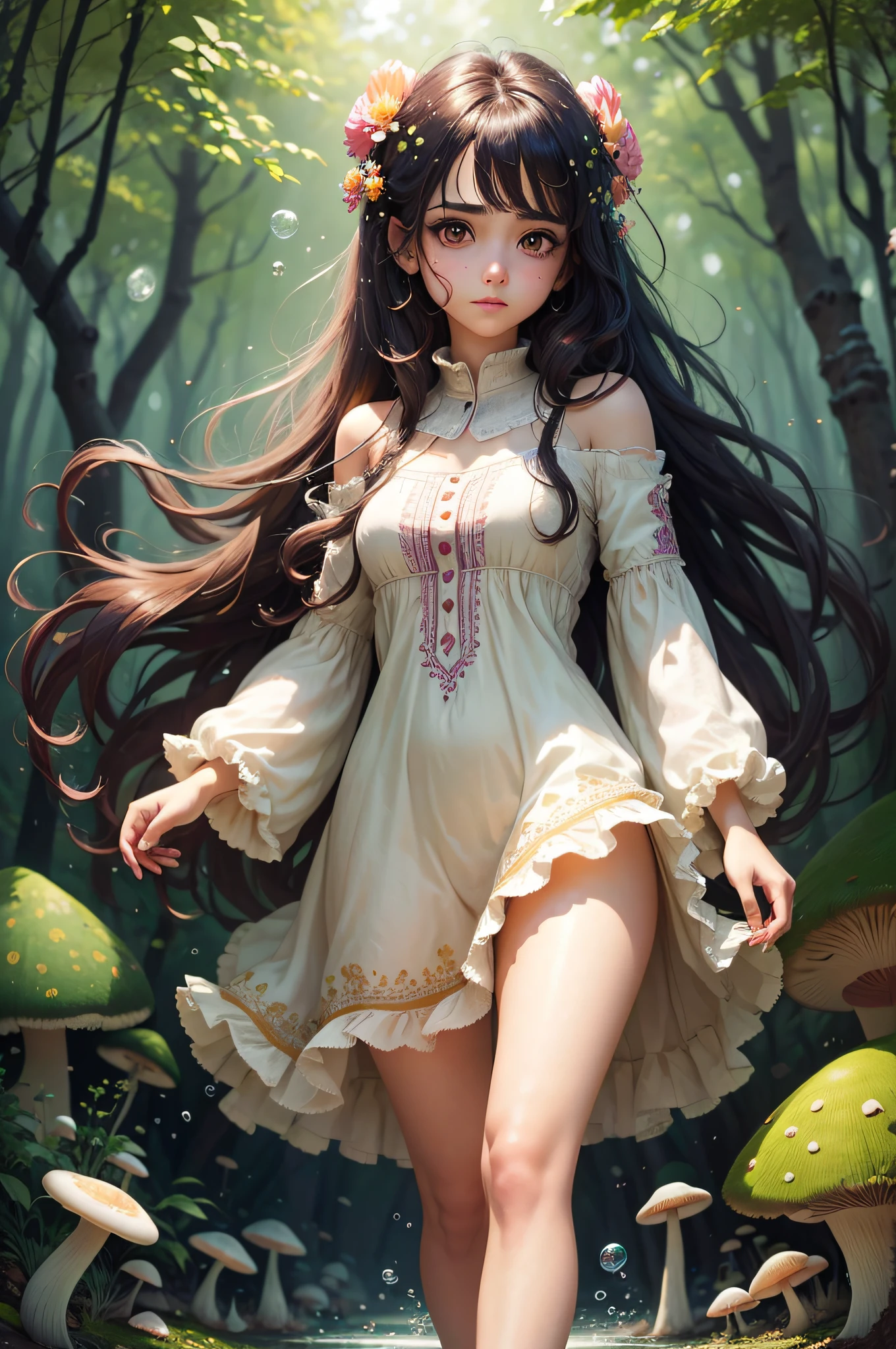 (((1若いVery detailed美しい顔))) (((Natural Makeup))),Amazing face and the best quality:1.4), (Ultra-detailed), (Very detailed CG 統合 8k 壁紙), Very detailed,3, High resolution raw color photos, Professional photography, Realistic portraits, Great face and eyes, Brown eyes,(((Silver underwear))),(((Long, wavy brown hair))), model, Depth of written boundary,,sit,smile,,(((Quite large breasts))),3,(((Fantasy forest with small colorful mushrooms growing))),(((Spread your legs wide))).(((Leg spread))),(((Close-up shot of upper body)))
