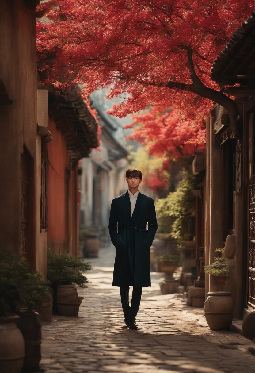 Realista, Kim Taehyung on an ancient street with spring trees in the background