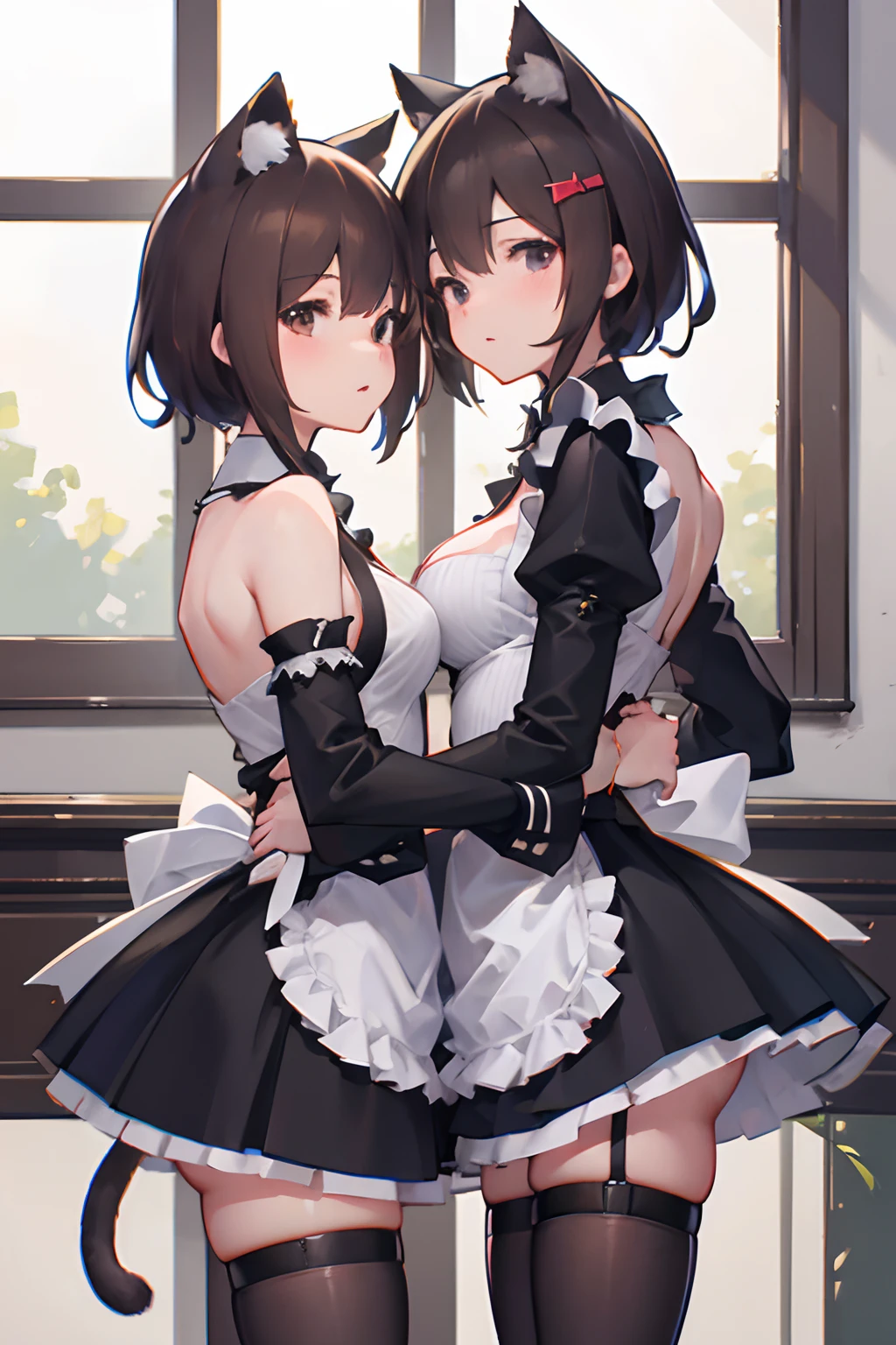 Best quality, masterpiece, super high resolution, 8k, 2 girls kissing, depth of field, cat ears, brown hair, maid outfit, combat maid, tactical, harness, stockings