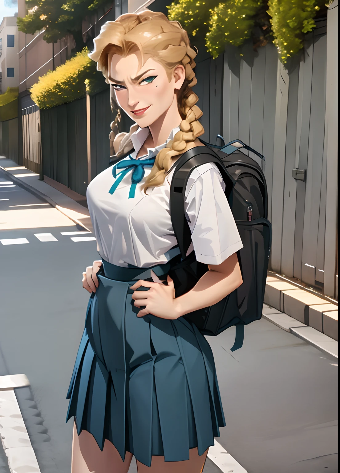 Helga, large breasts, hair in braided ponytail, hair over shoulder, evil smirk, wearing school uniform, backpack, holding books, sidewalk, looking at viewer