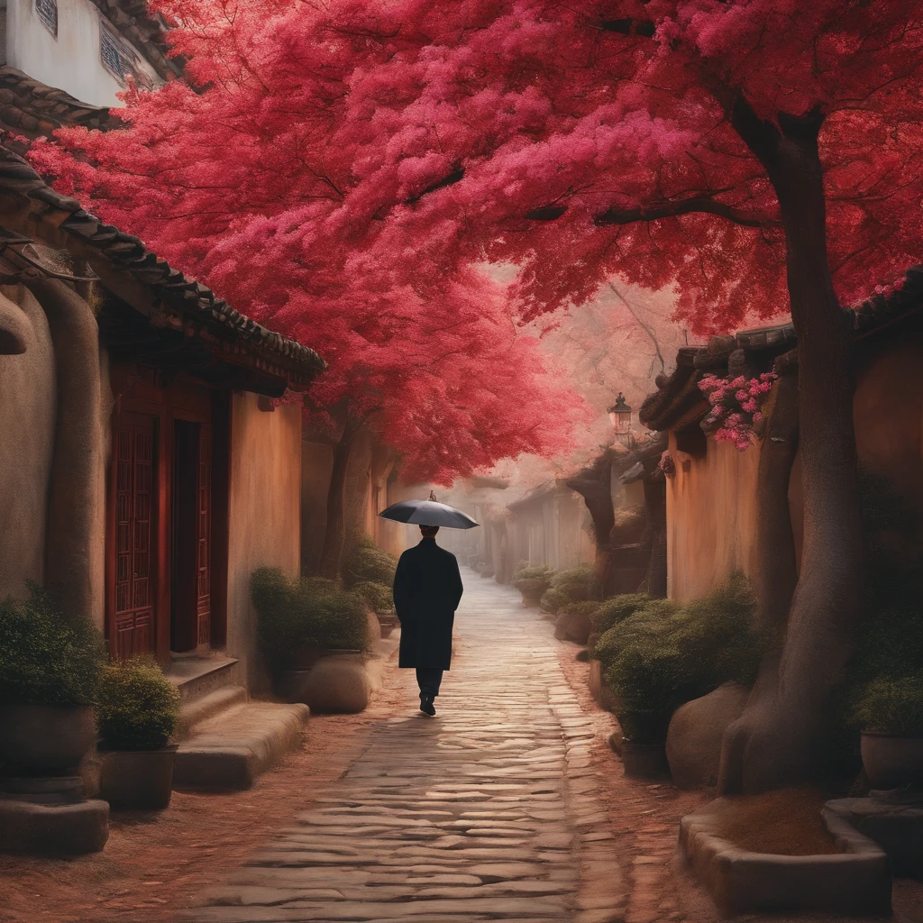 Realista, Kim Taehyung on an ancient street with spring trees in the background