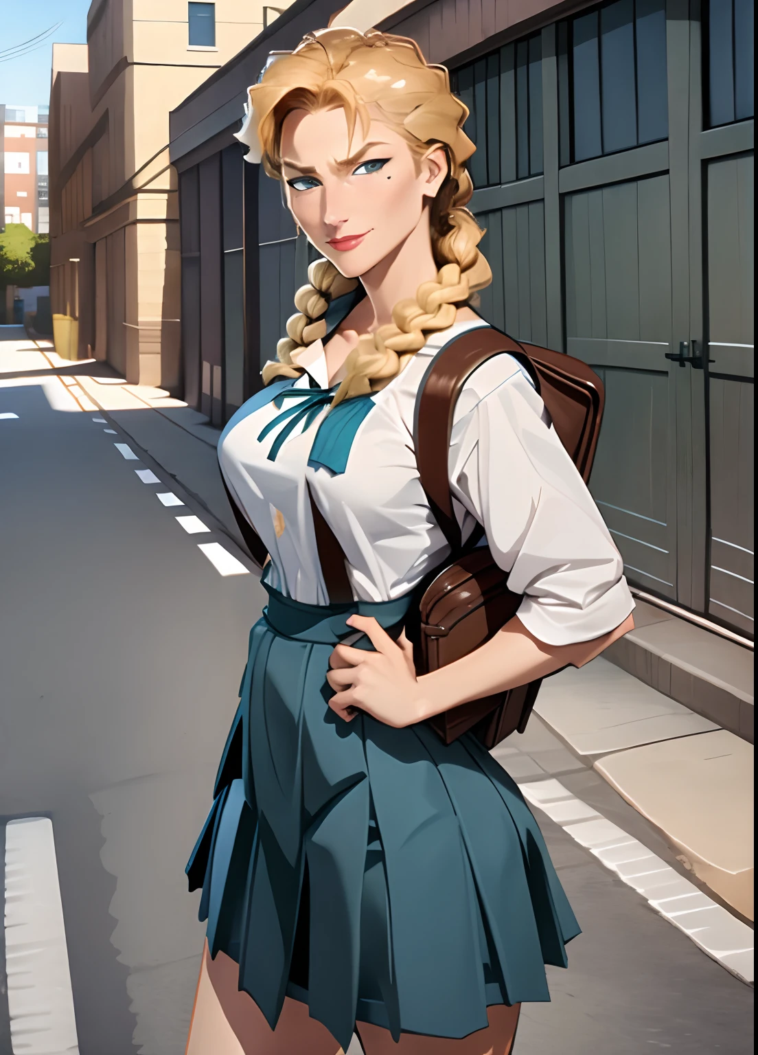 Helga, large breasts, hair in braided ponytail, hair over shoulder, evil smirk, wearing school uniform, backpack, holding books, sidewalk, looking at viewer