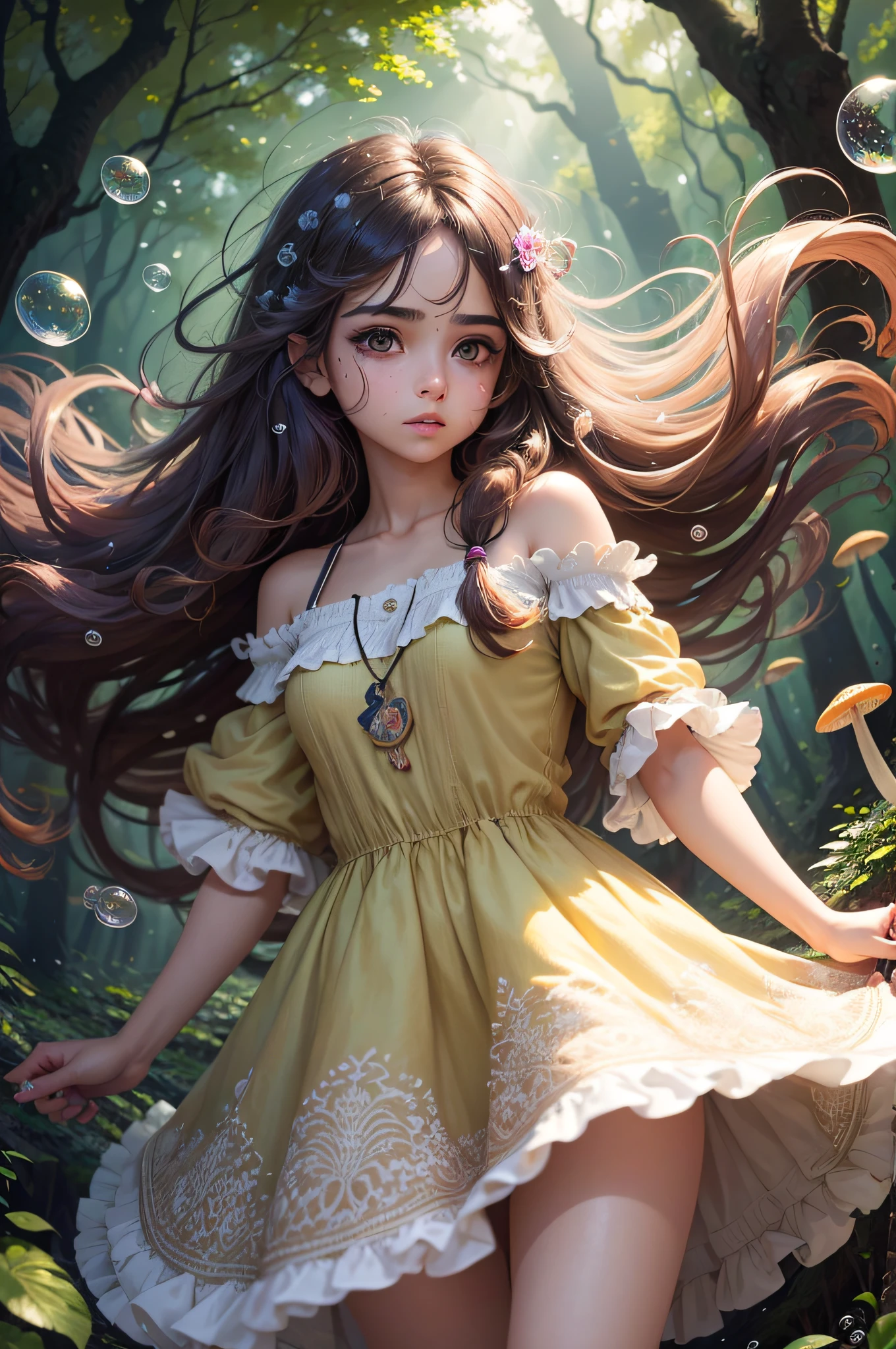 nahida (masterpiece), (best quality), (ultra detailed),(disheveled hair),(illustration), (1girl), beautifuldetailedeyes,delicate beautiful face,Floating,(high saturation),(colorful splashes),colorful bubble,(shining),focus on face, walking in a forest full of colorful mushrooms