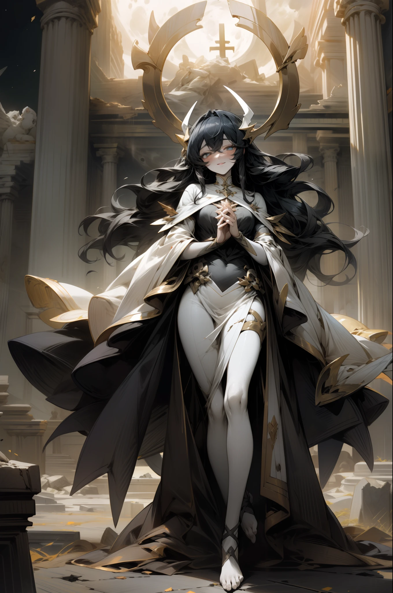 Arceus,Black hair straight,Full body like,goddess of the moon, anime fantasy illustration, a stunning portrait of a goddess, beautiful anime art, goddess of the moon, Arceus,1 persons,A dark-haired,Full body like,Longhaire,Broken temple,Ruins,demon king,angelicales,put hands forward,ssmile,god,the wind,Back lighting,pale skin,slender,Fantastical,Silvery eyes,natta,Anime Pictures,frontage,demon king,ruins,brack,shadowy,the feet,full bodyesbian,Broken Temples,cuddling,A slight smil