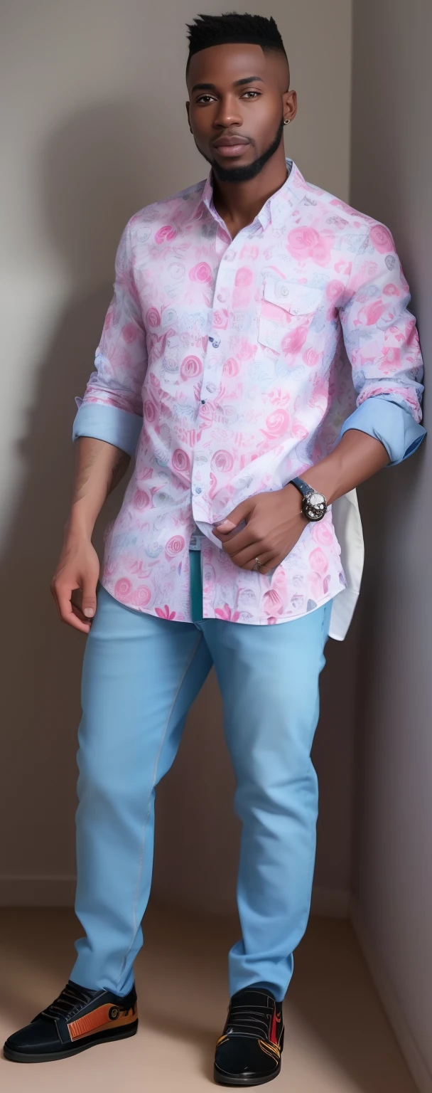a man in a shirt and jeans standing with his hands in his pockets, full body!! maximalist details, stylish pose, full body photogenic shot, full body picture, in style of davey adesida, with a cool pose, full body portrait shot, fully body portrait, full body shot hyperdetailed, full body photograph, full body model, handsome man, edited