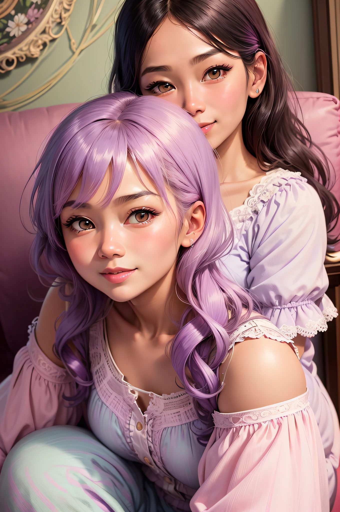 (masterpiece:1.4), (best quality:1.4), illustration, anime drawing style, 1gril, solo, ((purple wavy hair)), very long hair, bright stunning eyes, collarbone, upper body, slim body, shiny skin, detailed face, natural make up, Pink lips, parted lips, upper teeth, cleavage, small breasts, (cute embroidered top, cute short pants), Pink nails, necklace, earrings, looking at viewer, professional light, glowing, Wonderful mountain cottage in the background