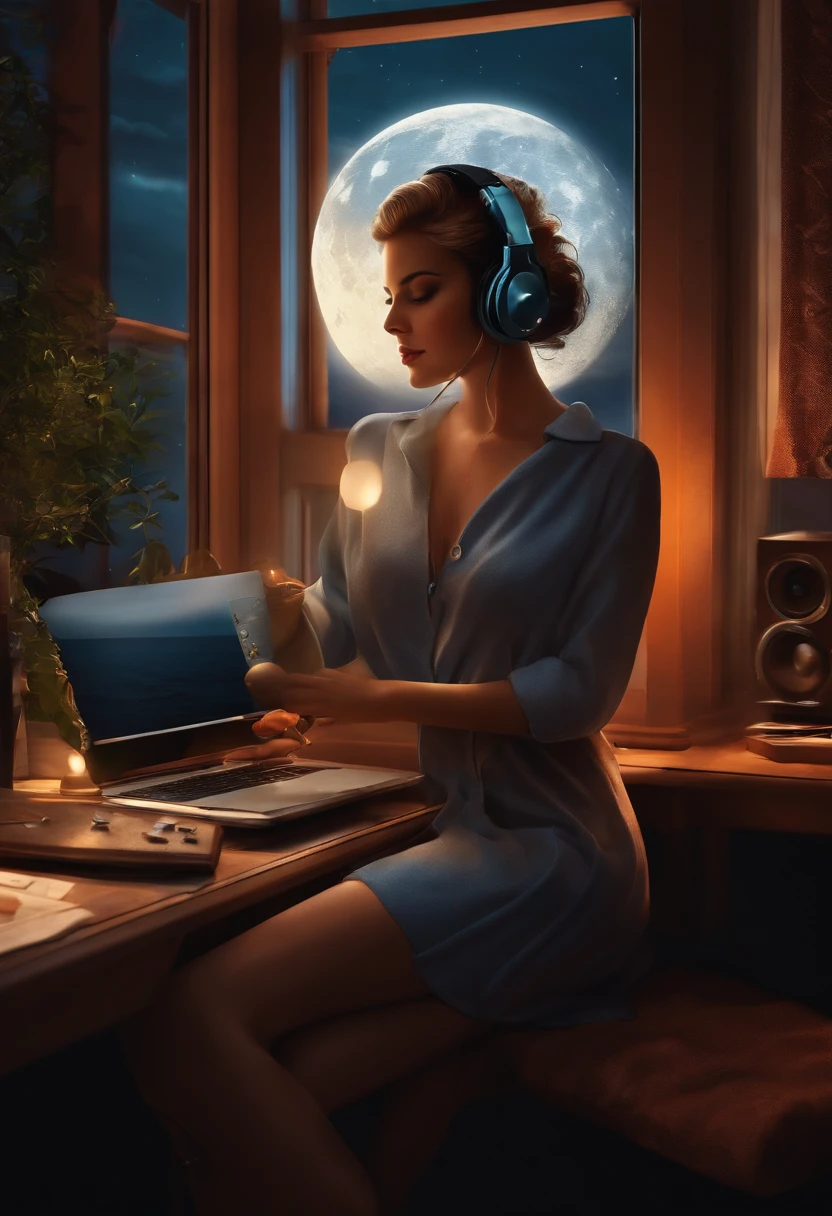 Create realistic image of a beautiful girl listening to music in her office next to her bedroom window during the night when there is moon and sea