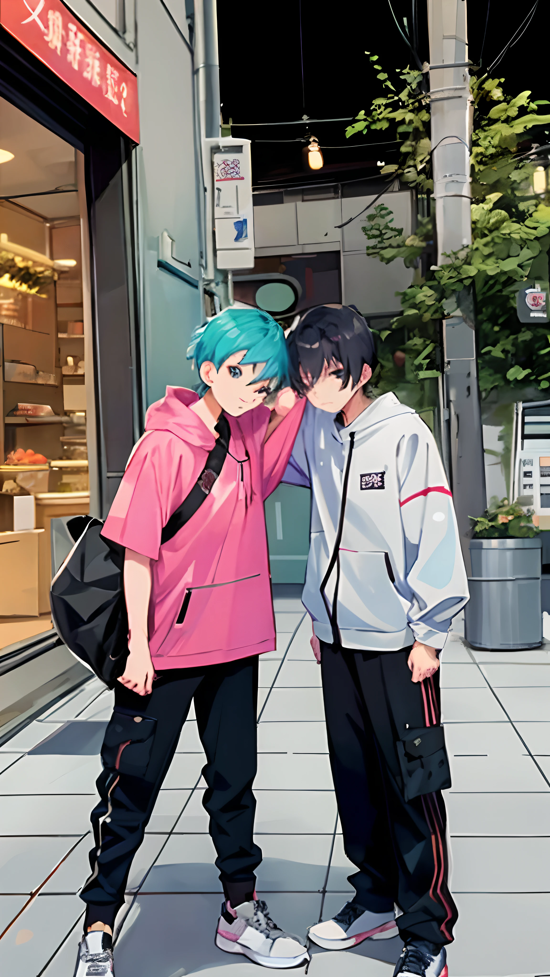 anime characters are standing on a sidewalk in front of a store, 2 d anime style, modern anime style, lofi artstyle, artwork in the style of guweiz, two anime handsome men, cute boys, anime art style, in anime style, anime style 4 k, anime style. 8k, anime style only, japanese streetwear, anime style illustration
