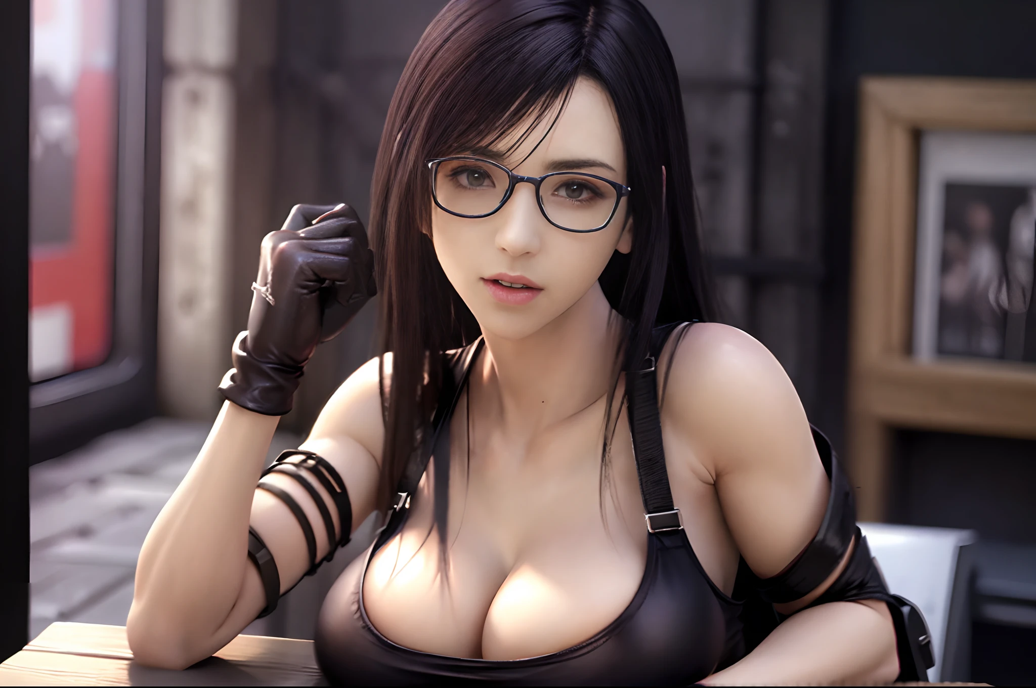 1girl in, Solo, Long hair, Colossal tits, Looking at Viewer,  super detailed skin, Unity 8k壁纸,  Realistic, Sexy High Quality, Ultra High Resolution, realisticeyes, perfect bodies, (Delicate hands), (Ultra detailed hands), (Perfect hands)、Detail Eye、erotick、Lustrous hair、(((Tifa_Eta,Tifa_outfit,((Bursting breasts))、Sheer clothing、thin clothes、Luster)))、((seducting smile))