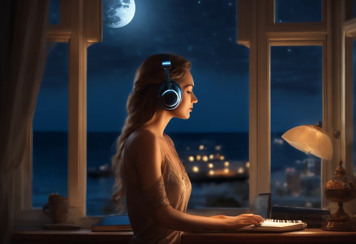 Create realistic image of a beautiful girl listening to music in her office next to her bedroom window during the night when there is moon and sea