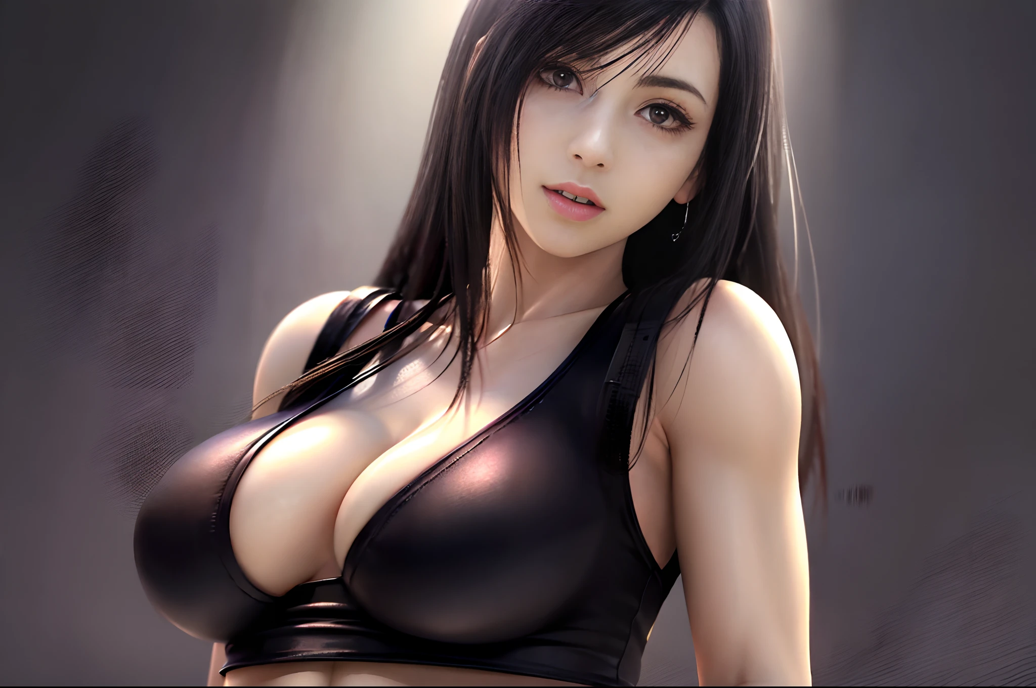 1girl in, Solo, Long hair, Colossal tits, Looking at Viewer, super detailed skin, Unity 8k壁纸, Realistic, Sexy High Quality, Ultra High Resolution, realisticeyes, perfect bodies, (Delicate hands), (Ultra detailed hands), (Perfect hands)、Detail Eye、erotick、Lustrous hair、(((Tifa_Eta,Tifa_outfit,((Bursting breasts,))、Sheer clothing、thin clothes、Luster)))、((seducting smile))